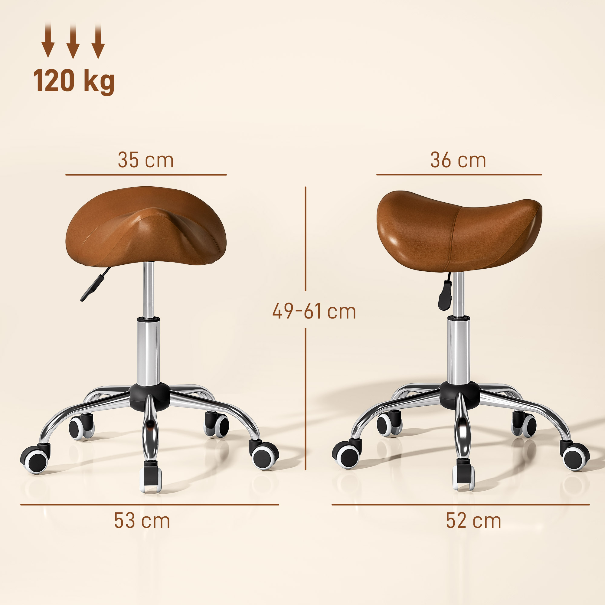 Dos taburetes con asiento de montar marrones con ruedas, medidas y capacidad de carga de 120 kg.