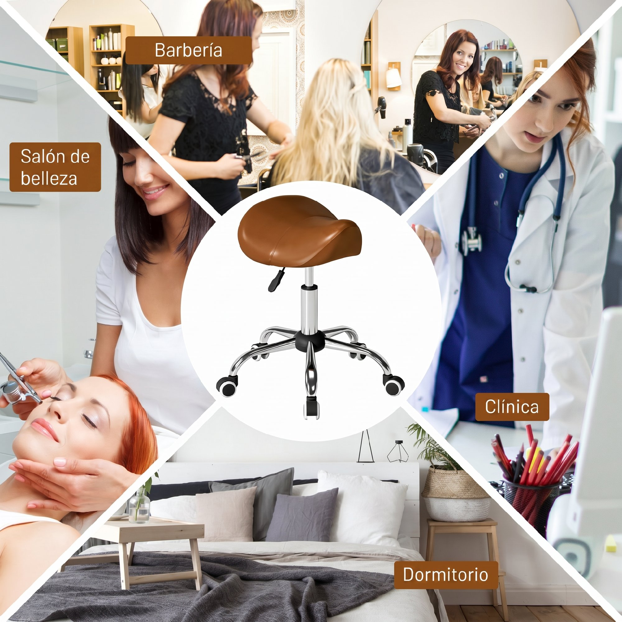 Collage que muestra un taburete con ruedas marrón en el centro, rodeado de escenarios como un salón, clínica y dormitorio.