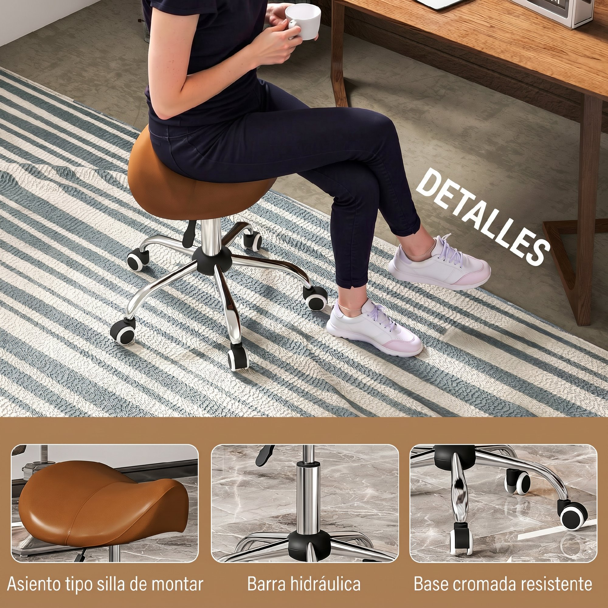Persona sentada en taburete de montar marrón con ruedas y detalles del asiento, barra hidráulica y base.
