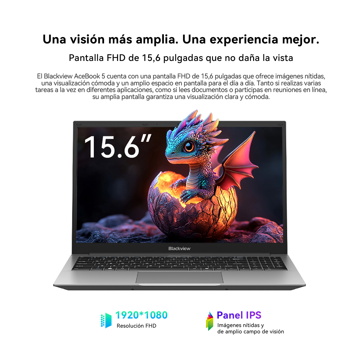 Un portátil Blackview muestra un dragón en 3D, destacando su pantalla FHD de 15,6 pulgadas y panel IPS.