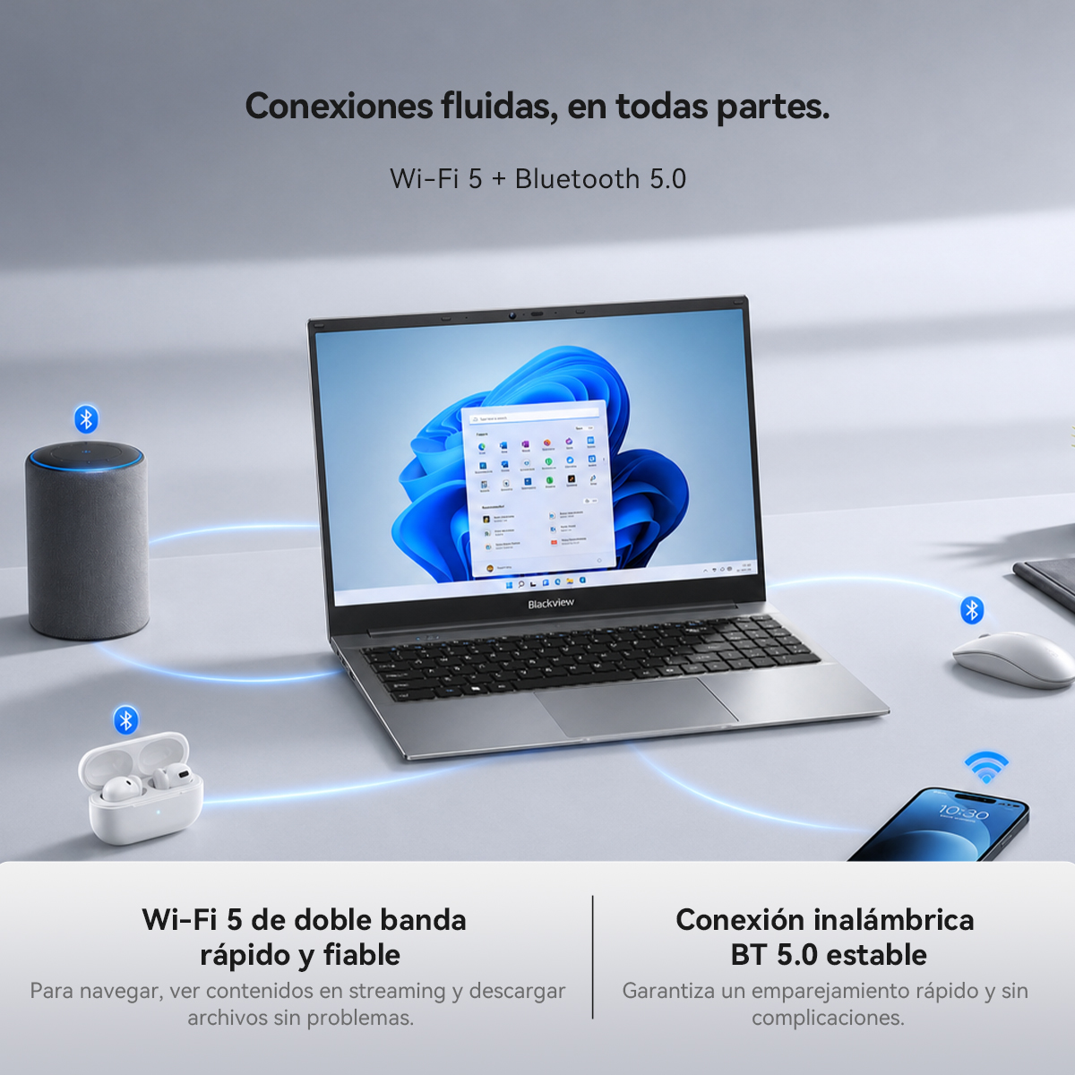 Un portátil Blackview en un escritorio conectado por Bluetooth a auriculares inalámbricos, un altavoz, un ratón y un smartphone.