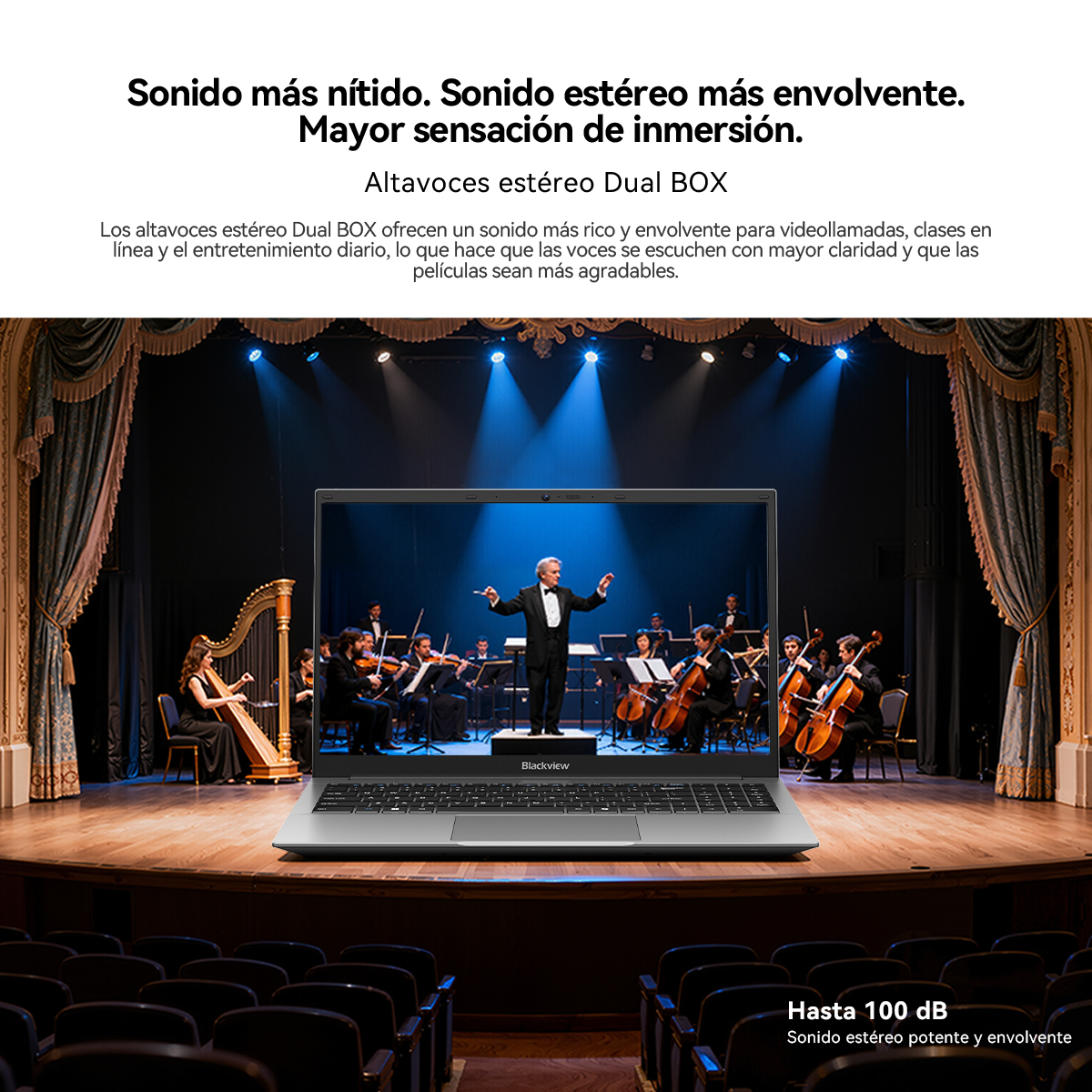 Portátil en un escenario muestra una orquesta, enmarcado por texto sobre altavoces estéreo Dual BOX.