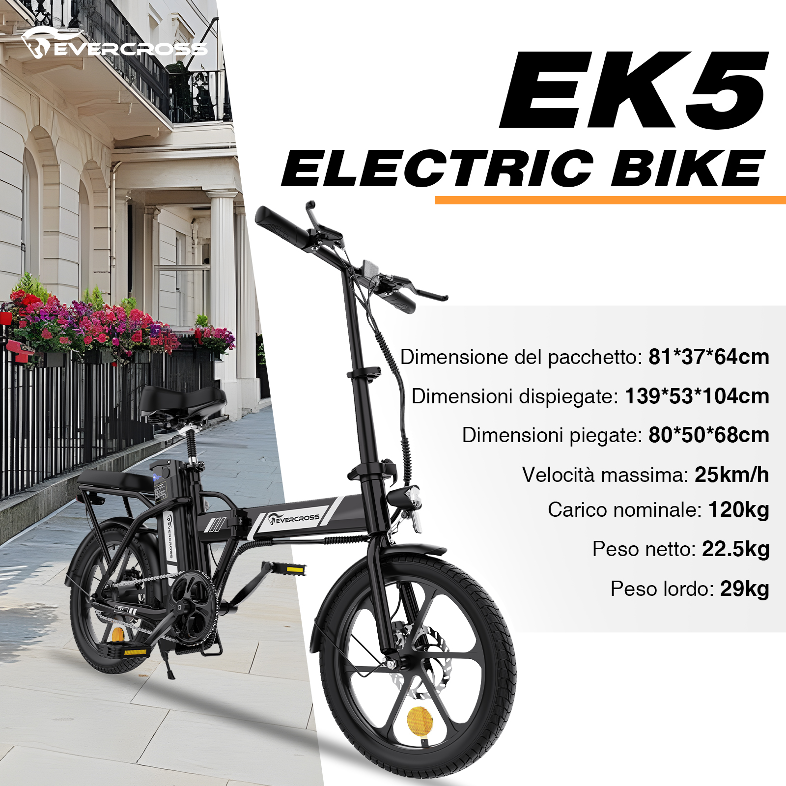 Bici elettrica nera Evercross EK5 su marciapiede con specifiche tecniche e sfondo di un edificio.