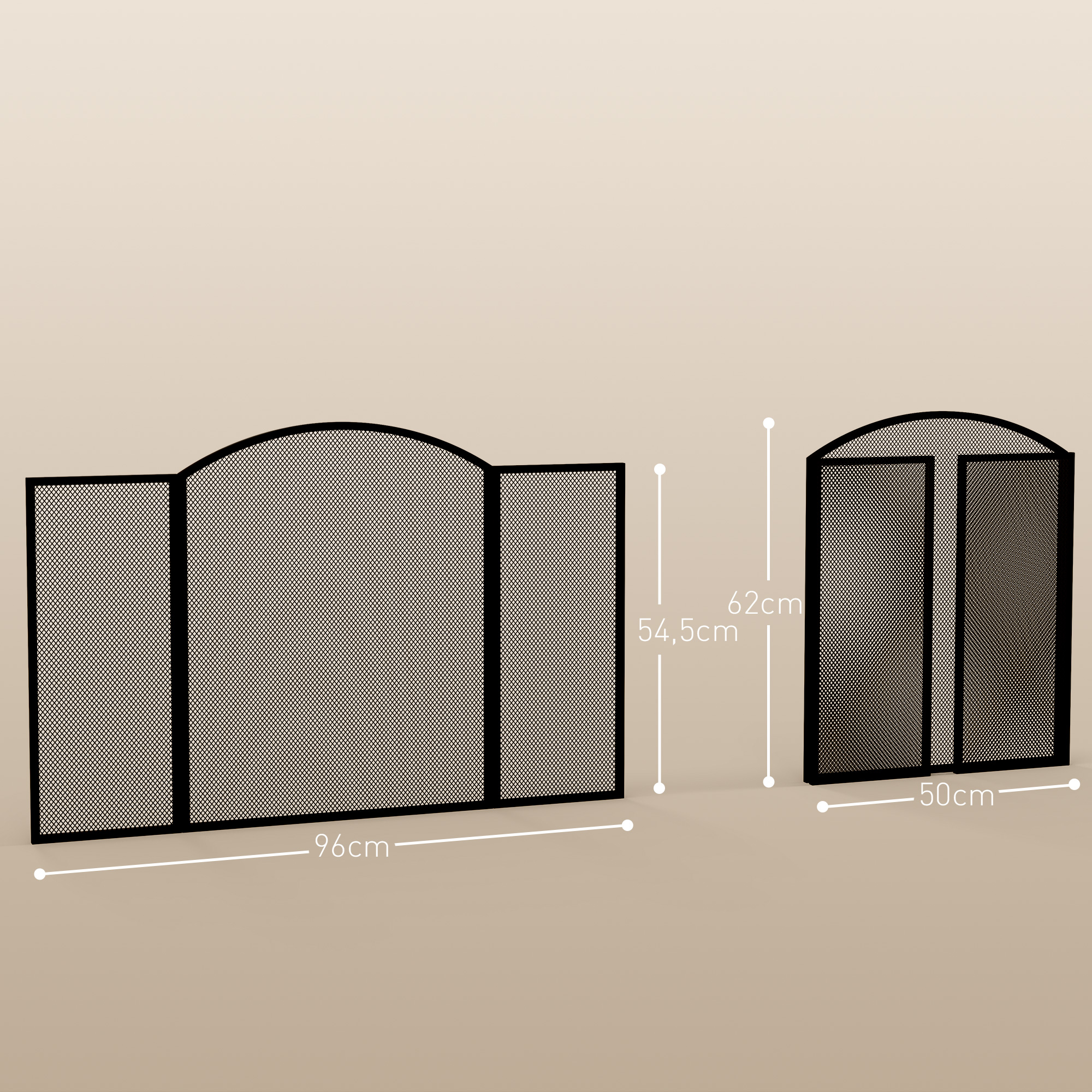 Dos pantallas de chimenea negras con dimensiones sobre fondo beige.