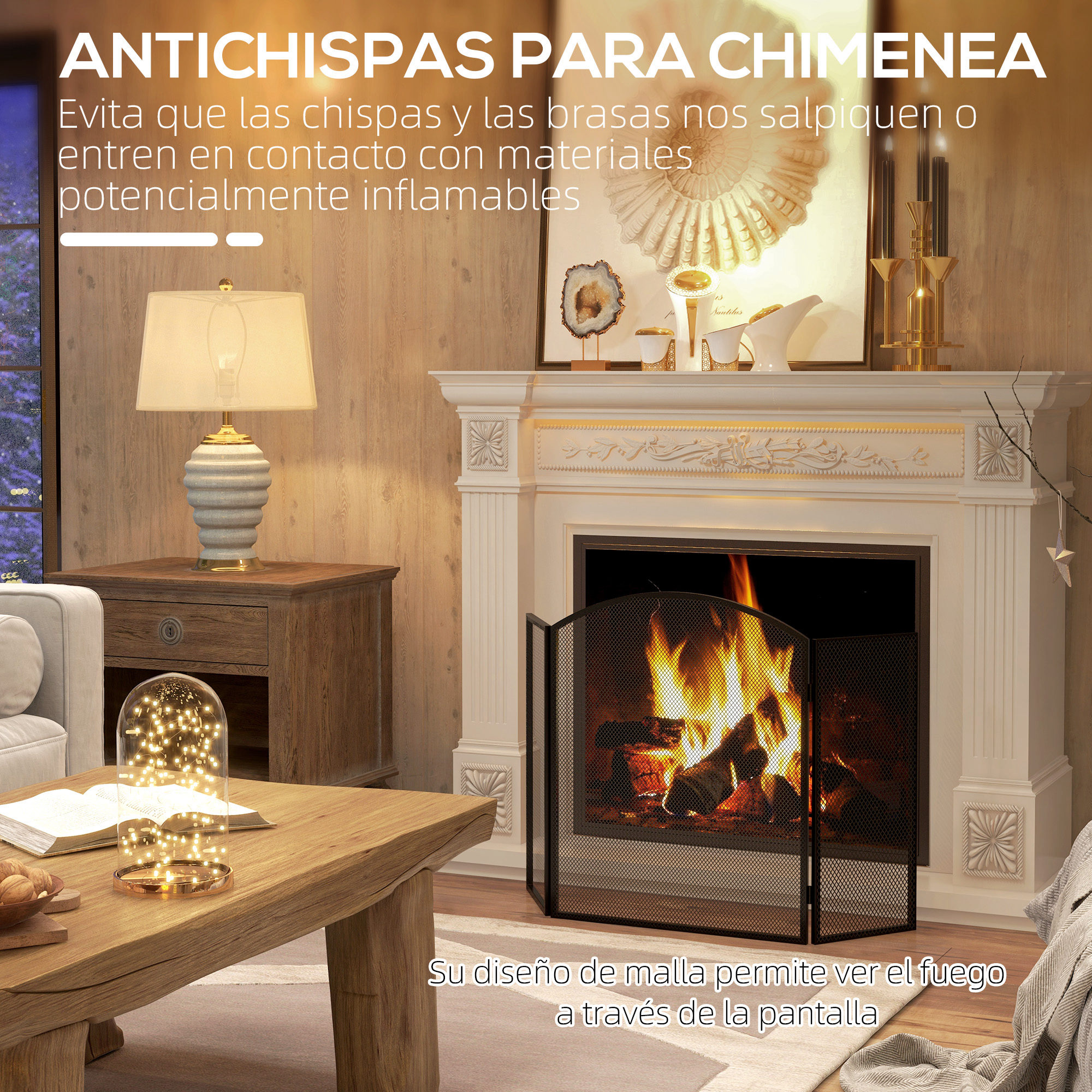 Una chimenea con pantalla negra y fuego en una sala de estar con muebles de madera y lámparas.