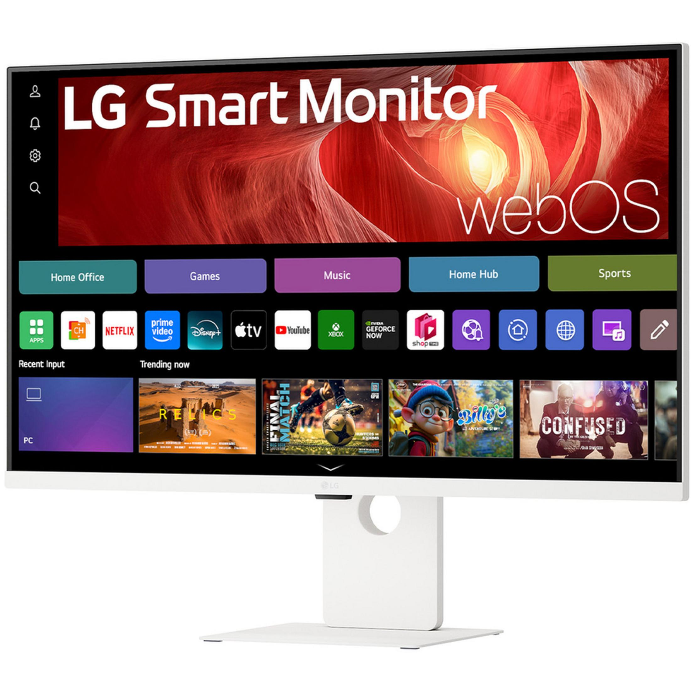 Der LG Smart Monitor mit webOS zeigt eine bunte Benutzeroberfläche mit Streaming-Apps und Videovorschauen.