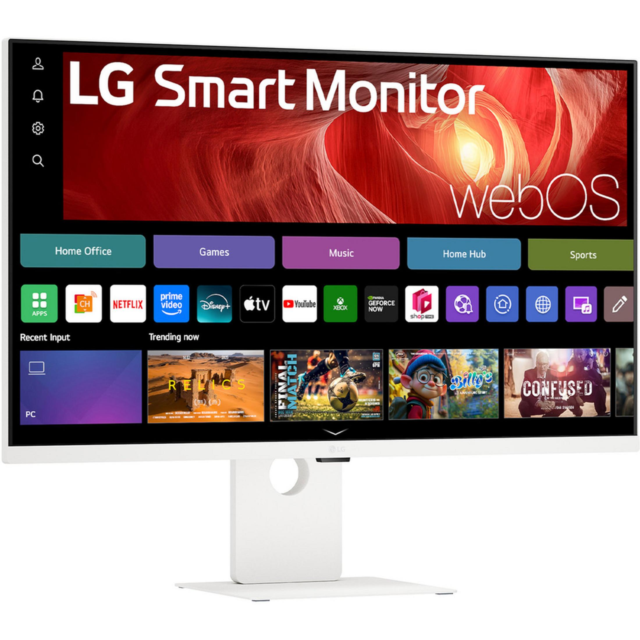 Ein weißer LG Smart Monitor zeigt die webOS-Benutzeroberfläche mit verschiedenen Apps und Medien.