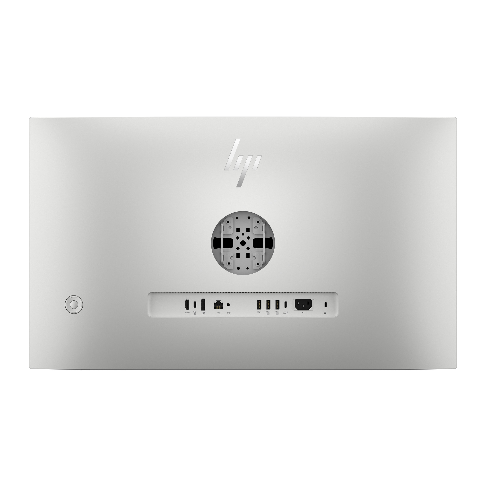 Retro di un computer HP argento con porte, logo e supporto circolare.