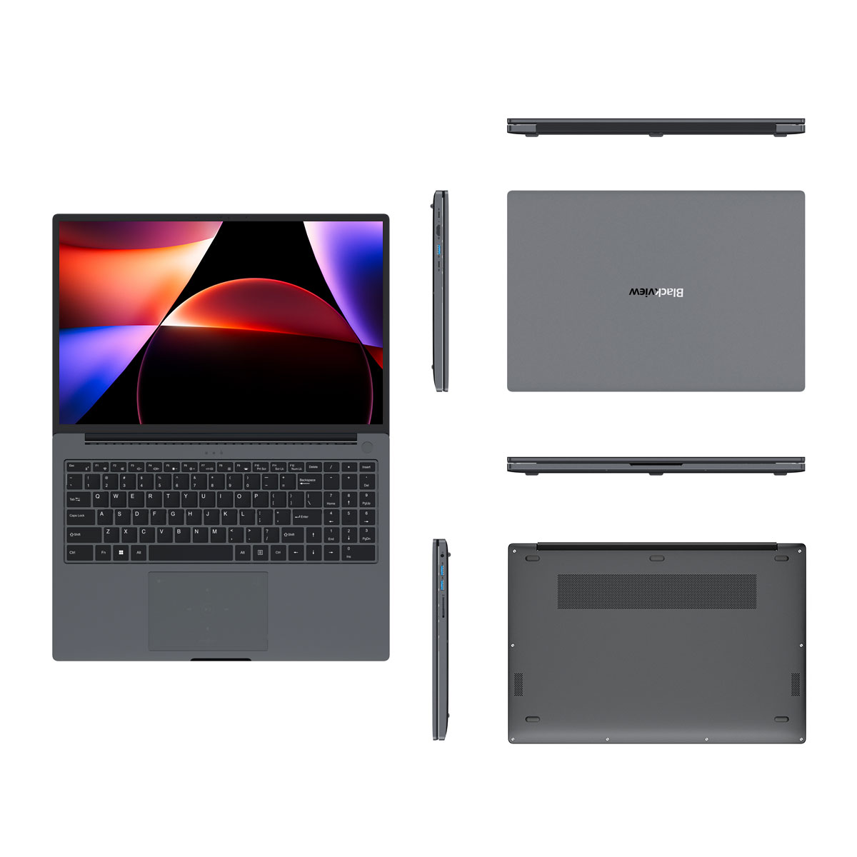 Szary laptop pokazany pod różnymi kątami z kolorowym ekranem.