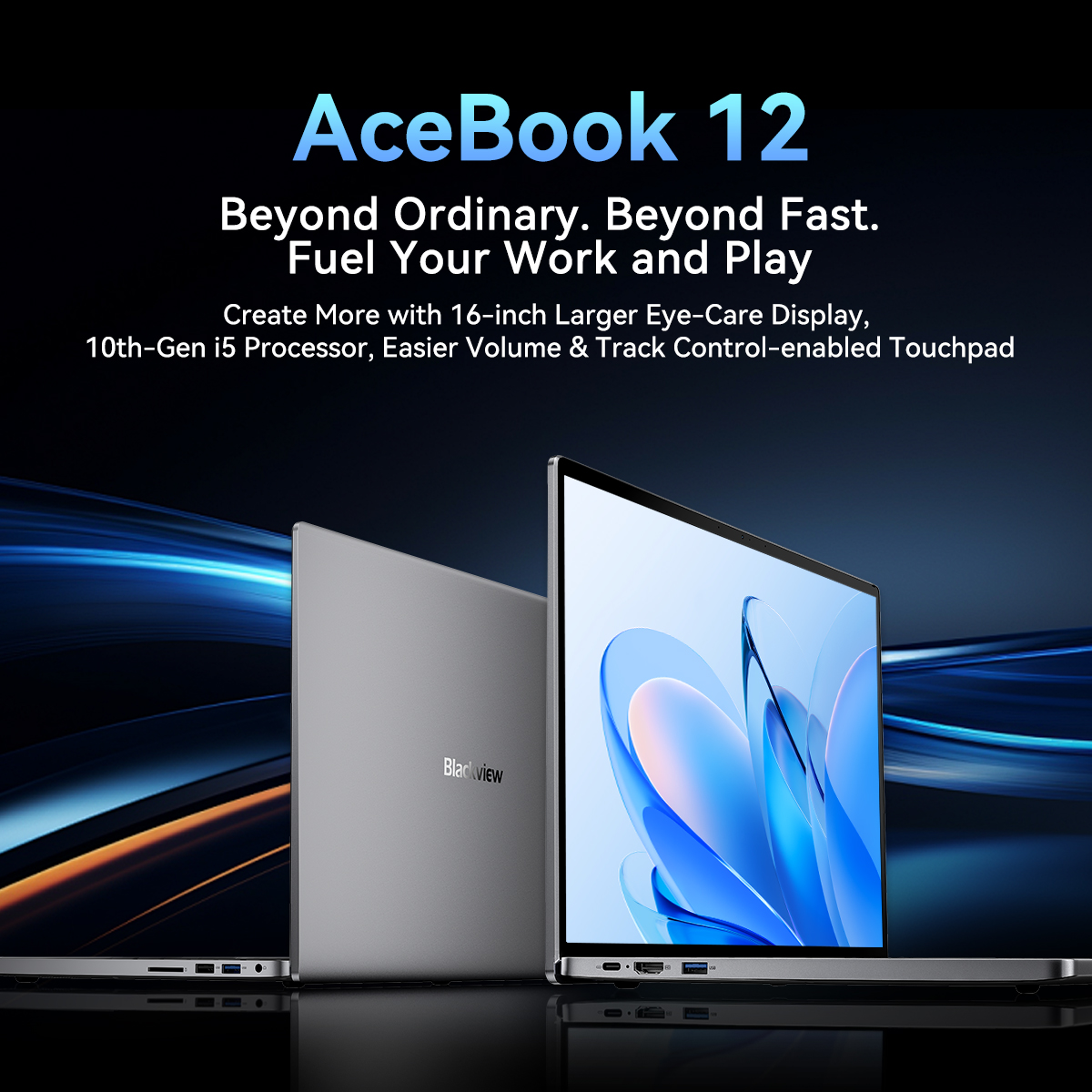 Zdjęcie promocyjne AceBook 12 z dwoma laptopami na niebieskim tle i specyfikacją.