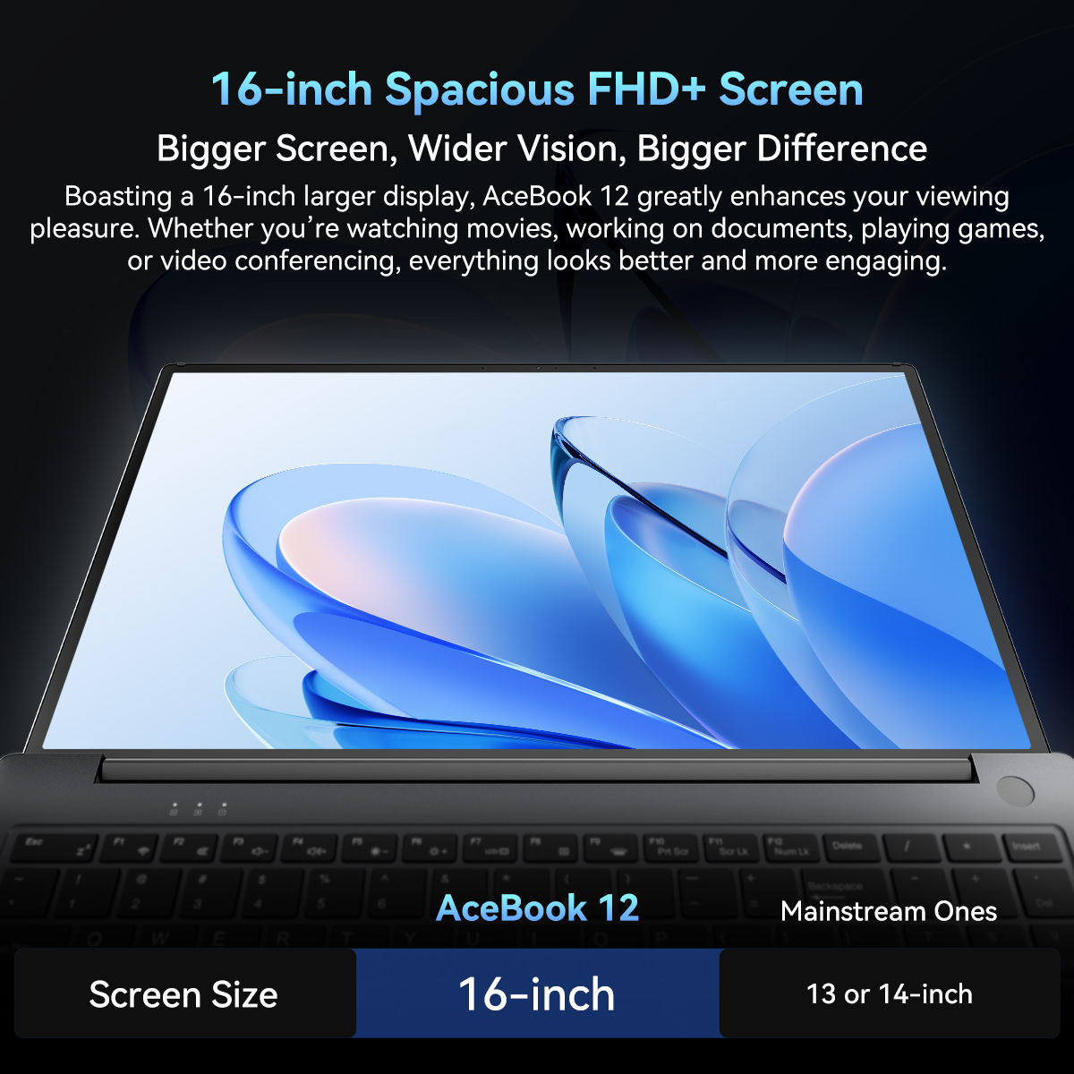 Laptop z 16-calowym ekranem przedstawiającym niebieskie abstrakcyjne fale oraz klawiaturą na pierwszym planie.