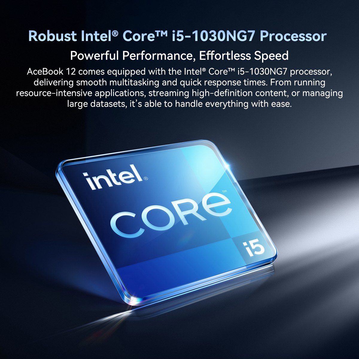Procesor Intel Core i5 na ciemnym tle z tekstem.