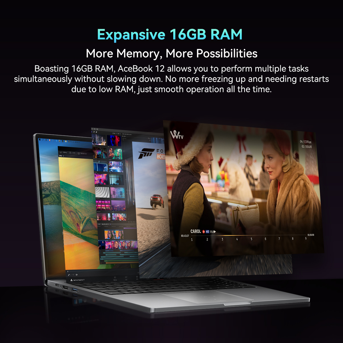 Laptop wyświetla ułożone ekrany ilustrujące wielozadaniowość i 16 GB pamięci RAM.