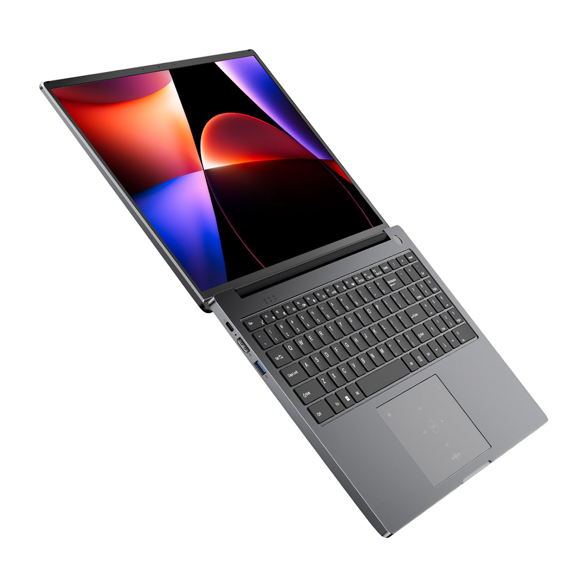 Elegancki ciemnoszary laptop widziany z góry pod kątem, z wyrazistą abstrakcyjną tapetą na ekranie.