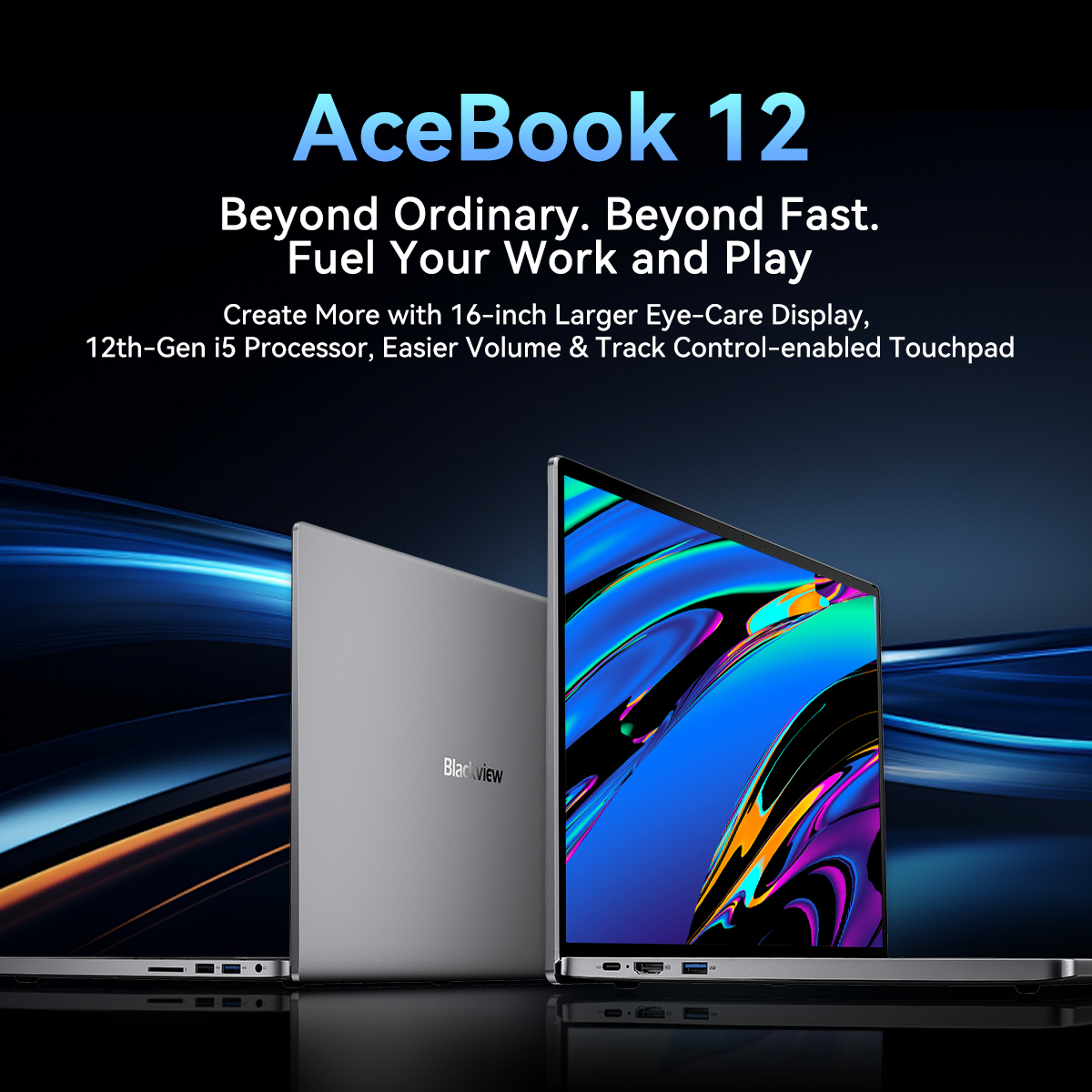 Obraz promocyjny laptopa AceBook 12 z 16-calowym ekranem, procesorem i5 i futurystycznym niebieskim tłem.