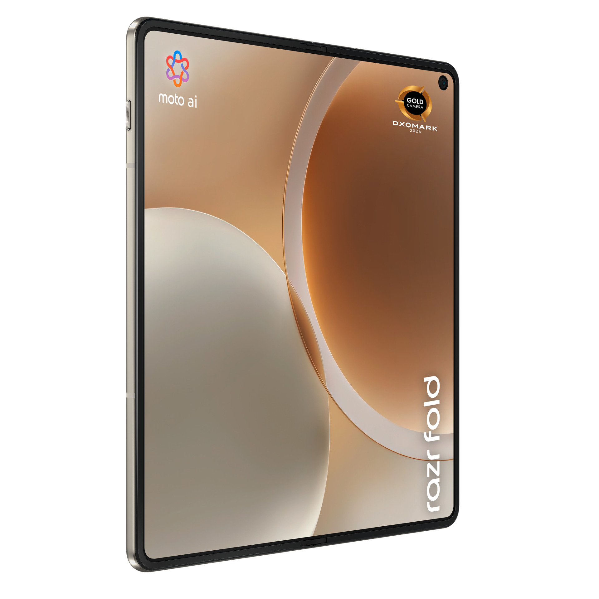 Un teléfono inteligente con pantalla brillante, logotipo de moto ai y premio de cámara dorada sobre fondo blanco.