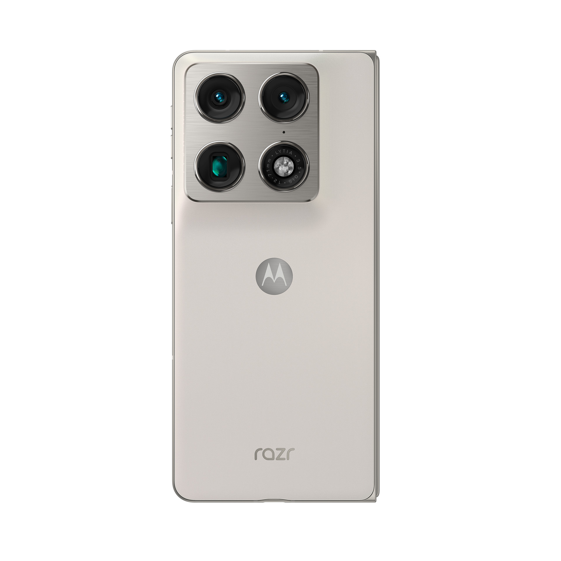 Parte trasera de un smartphone beige Motorola Razr con un módulo de cámara cuádruple cuadrado y el logo.