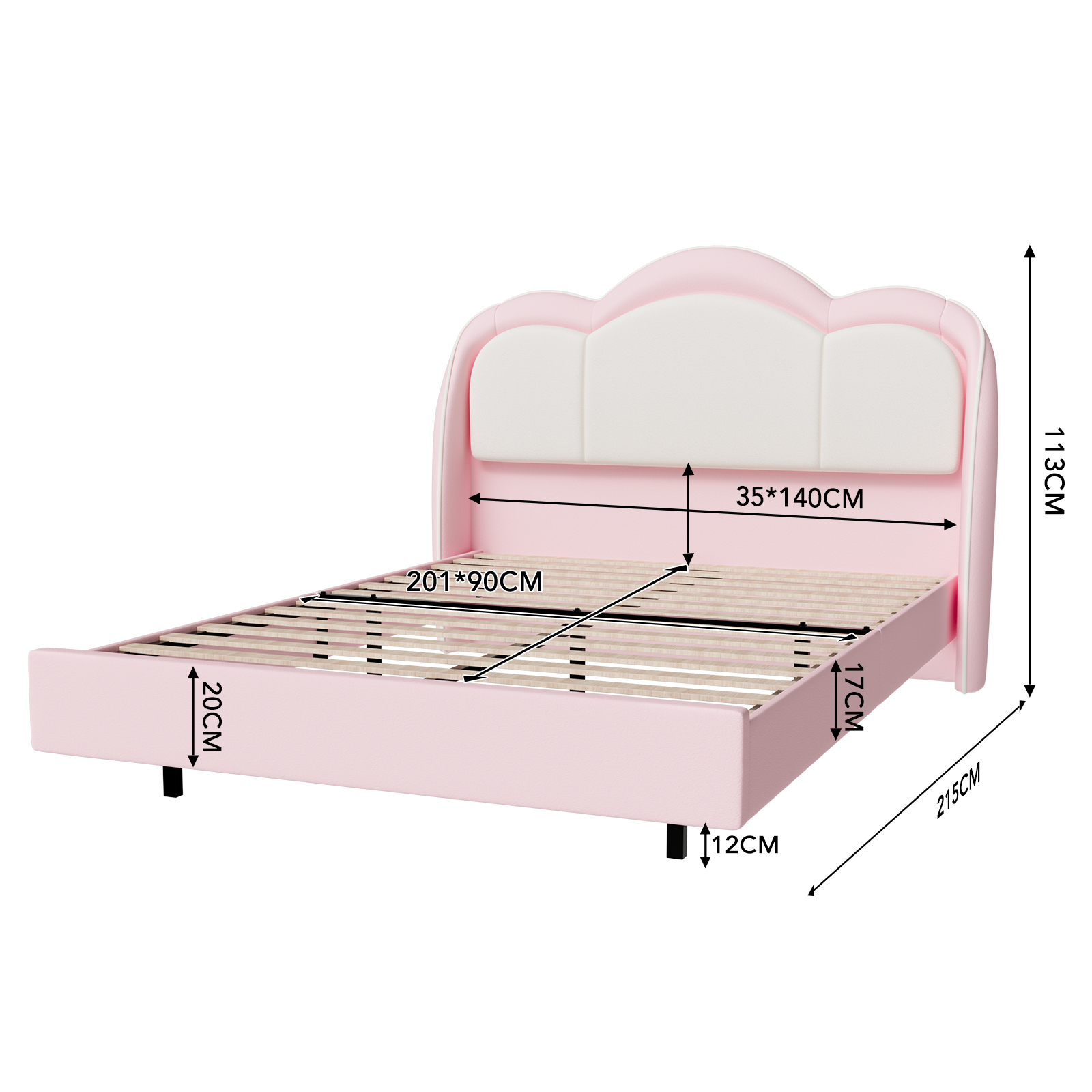Rosa und weißes Bett mit Lattenrost und Maßangaben.