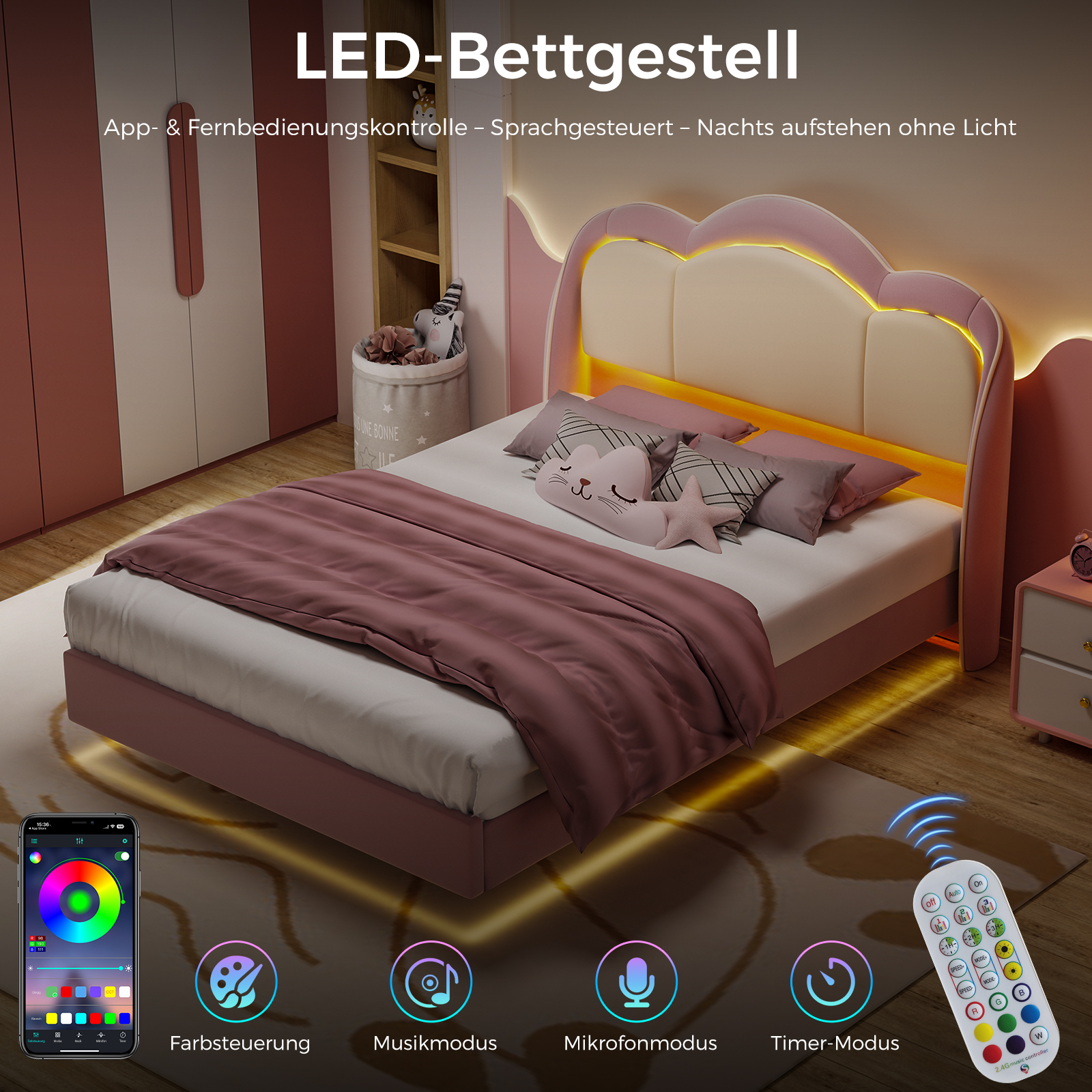 Rosa LED-Bettgestell mit App- und Fernbedienung im gemütlichen Schlafzimmer.