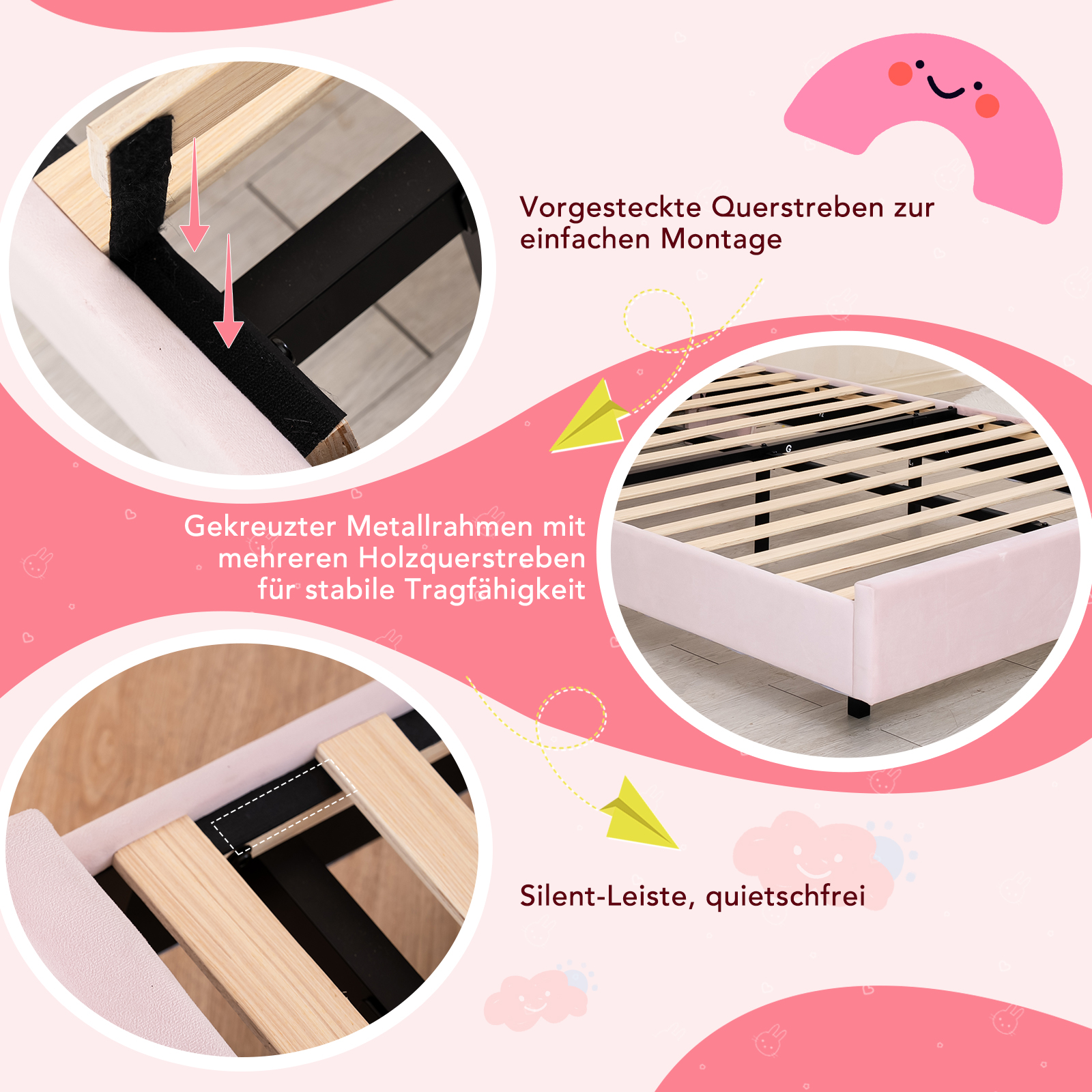 Pinker Bettrahmen mit Metallgestell und Holzlatten, Detailansicht der Montage und leisen Leisten.