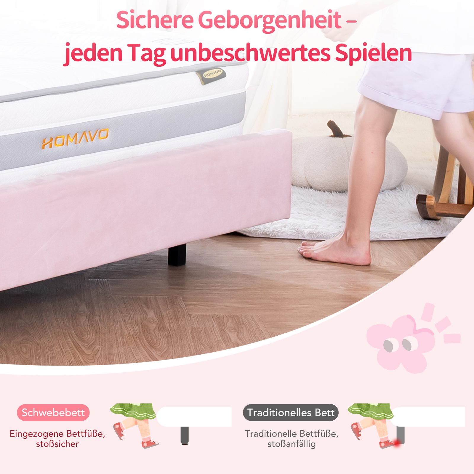 Ein Kind spielt im Kinderzimmer neben einem pinken Bett mit integrierten Füßen und einer Matratze.