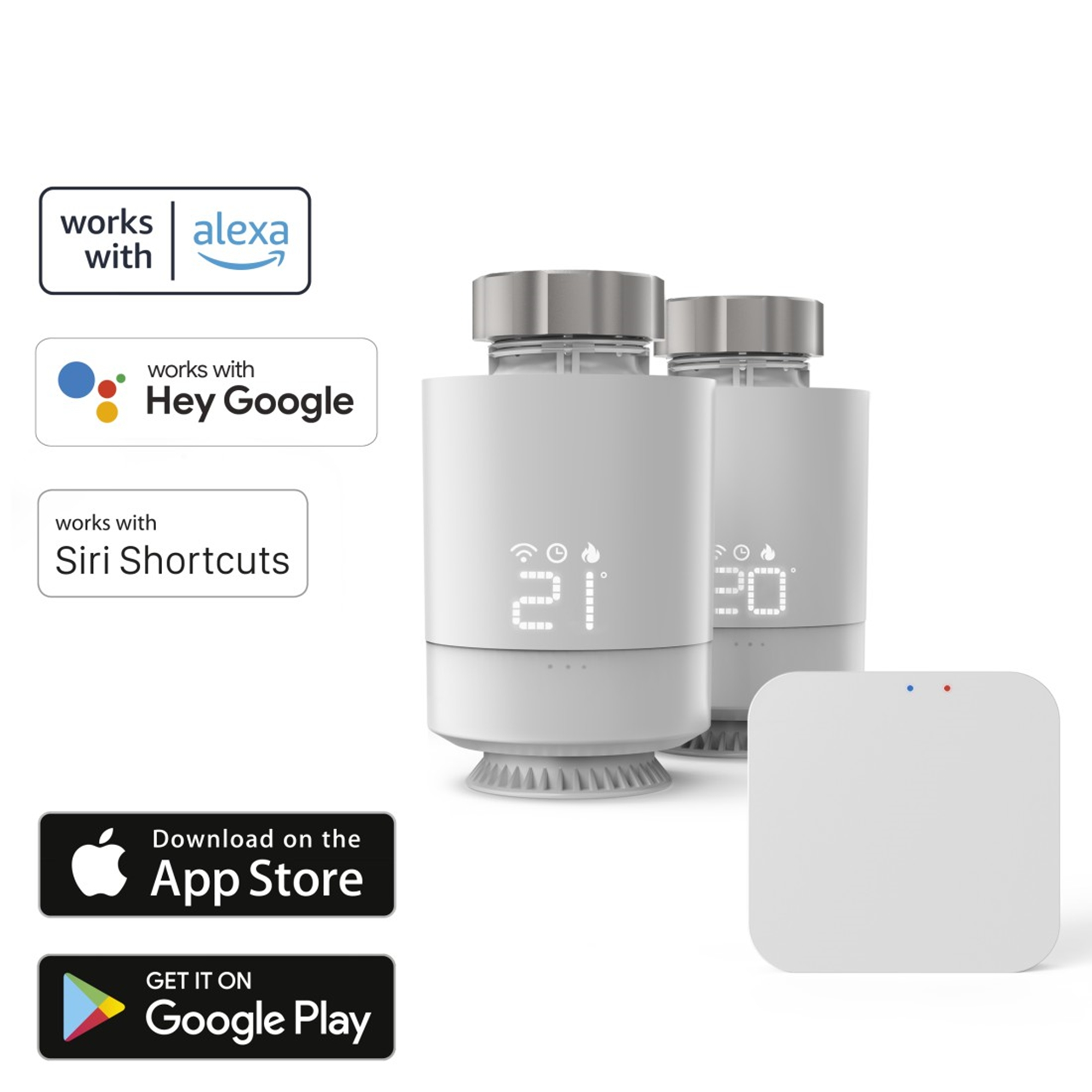Zwei weiße Thermostate mit Smart-Home-Kompatibilitätslogos und App-Store-Icons.