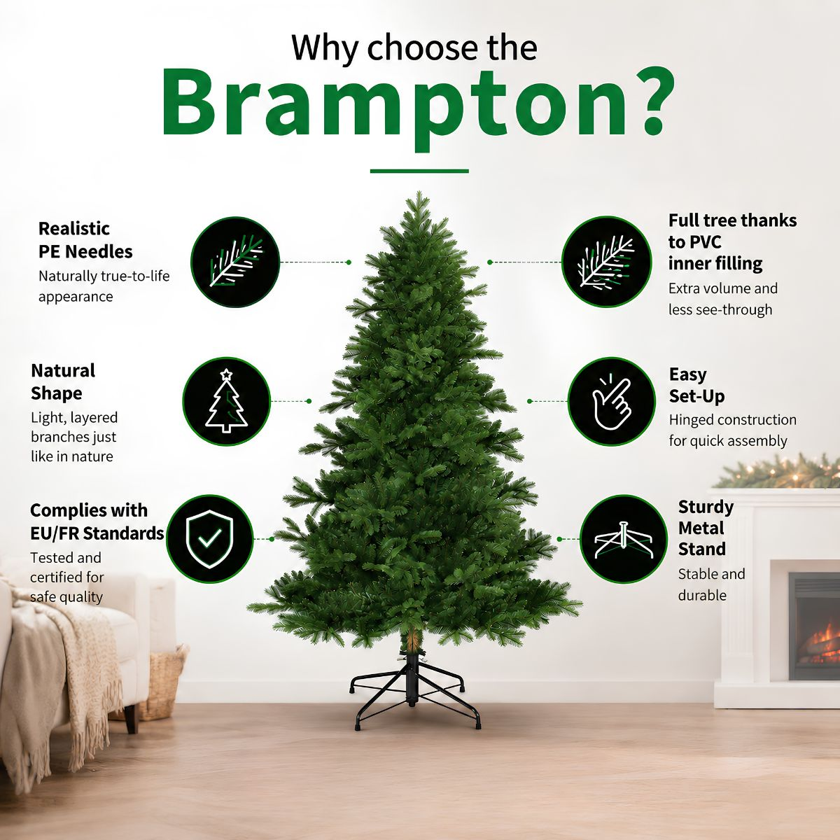 Infographic showing features of the Brampton Christmas tree, including PE needles, natural shape, and metal stand.