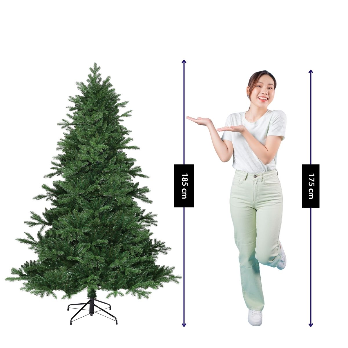 A woman gestures toward an artificial Christmas tree with height measurement arrows of 185 cm and 175 cm.