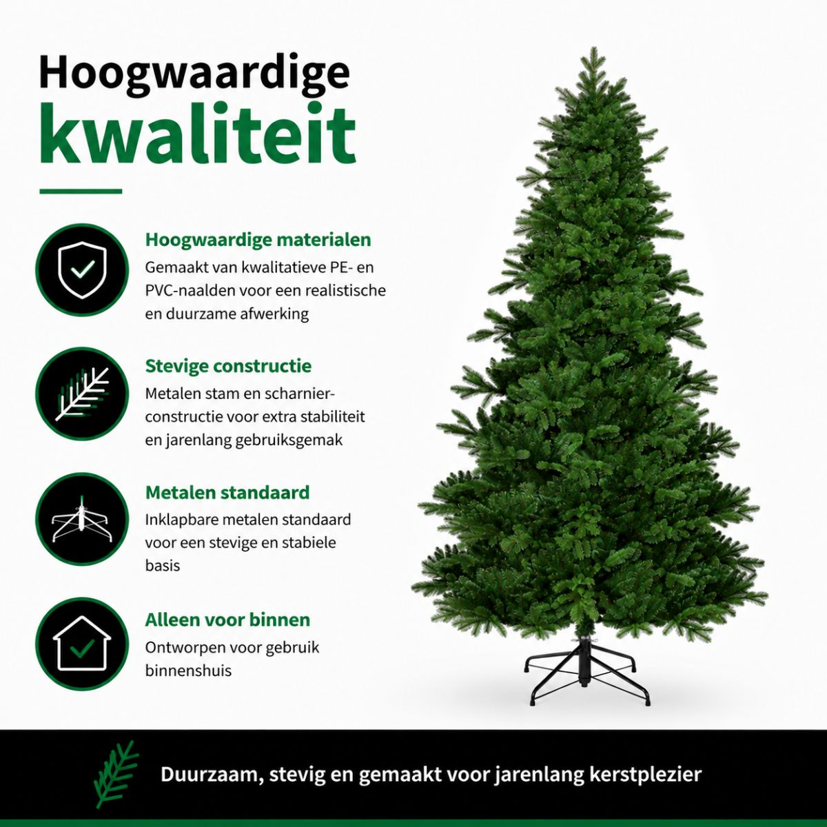 A green artificial Christmas tree with a metal stand, accompanied by text in Dutch.