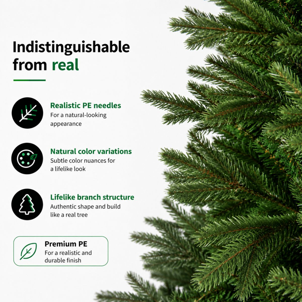 Close-up of realistic green artificial pine tree branches with descriptive text and icons on the left.