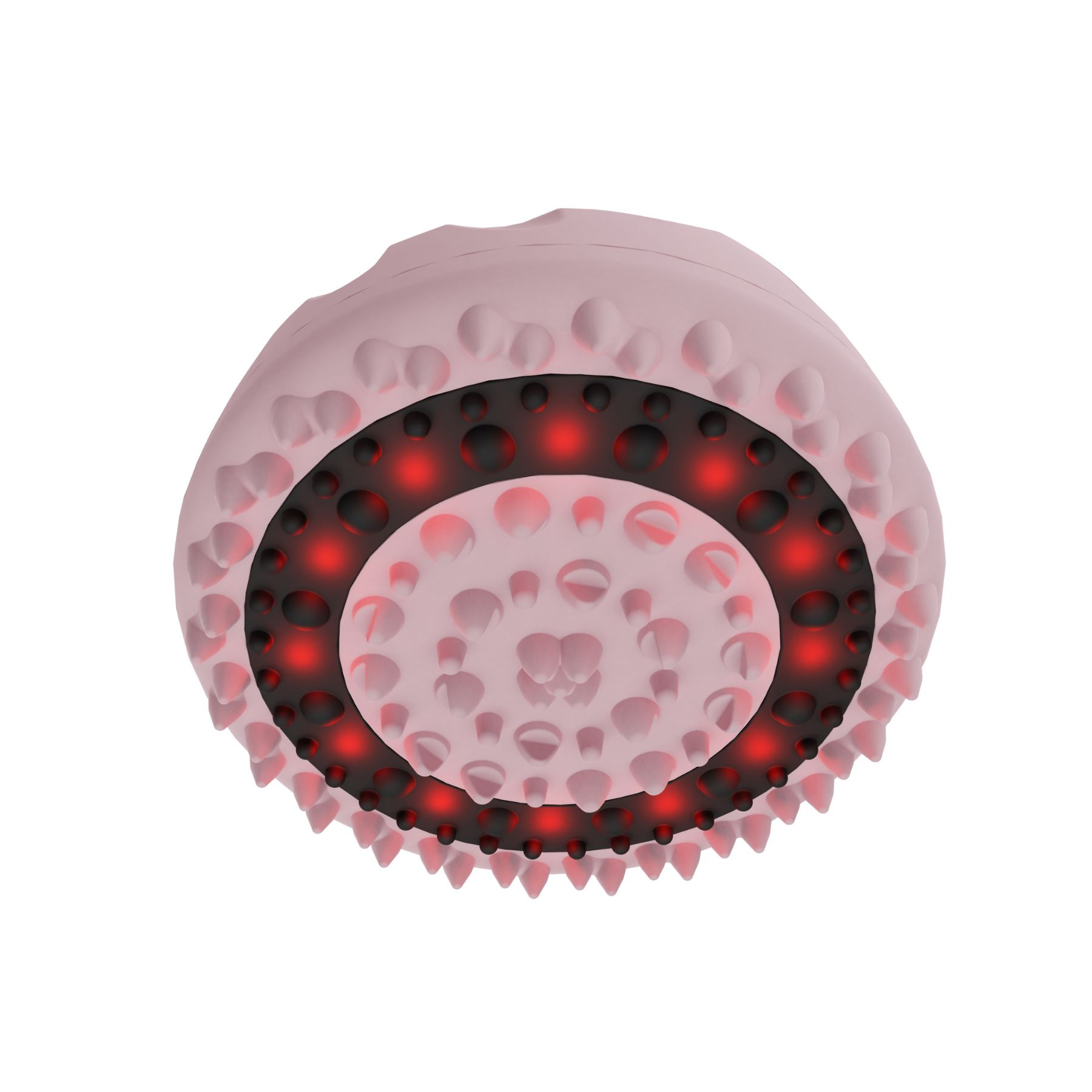 Un massaggiatore rotondo rosa con punte e un anello nero contenente LED rossi, su sfondo bianco.