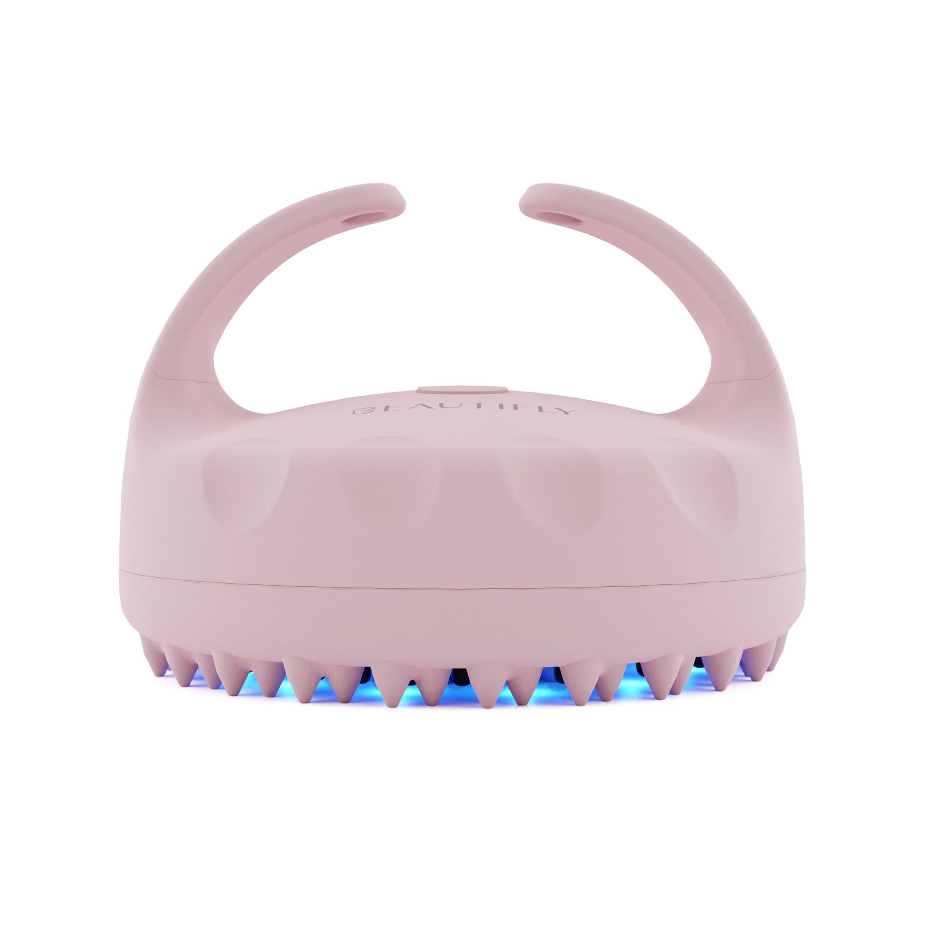 Massaggiatore per cuoio capelluto rosa con due manici e luci LED blu.
