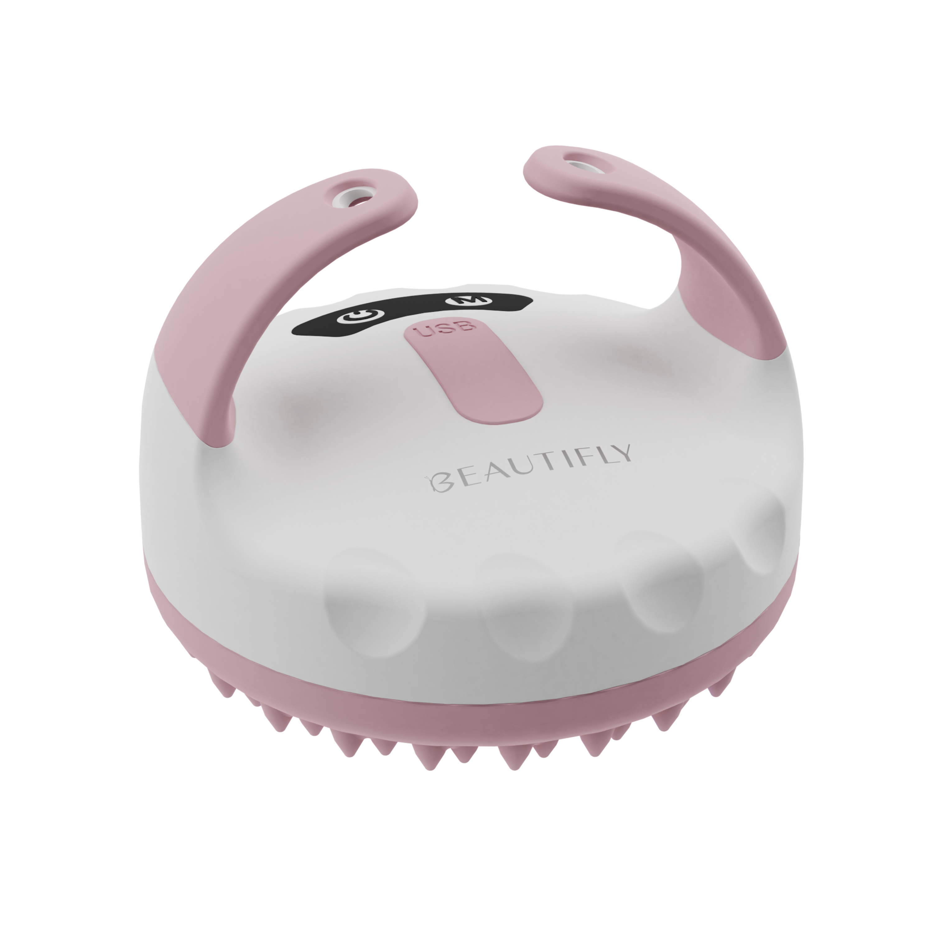 Massaggiatore per cuoio capelluto elettronico bianco e rosa con due manici, porta USB, pulsanti e setole in silicone.