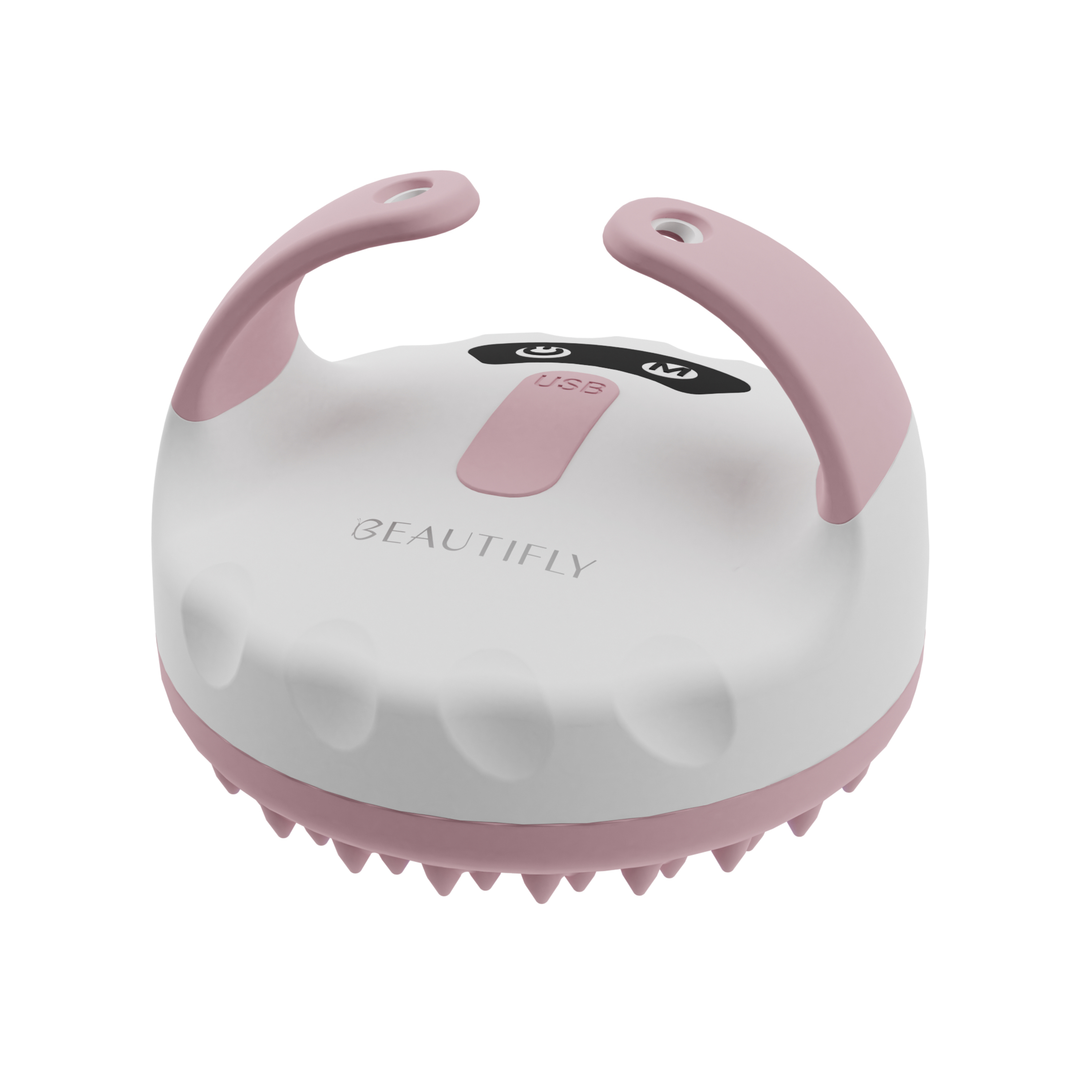 Dispositivo di bellezza bianco e rosa con due maniglie e setole.