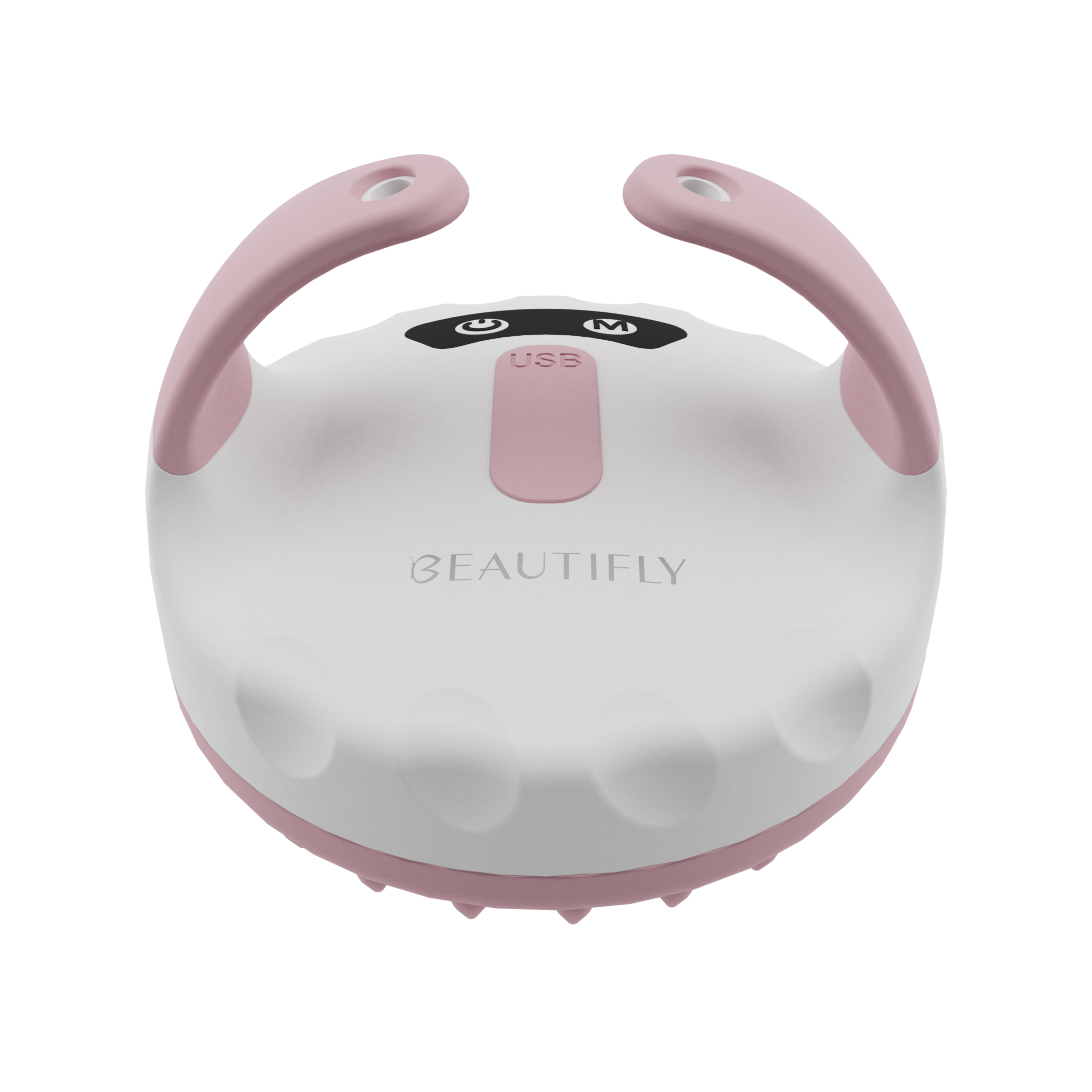 Dispositivo cosmetico Beautifly bianco e rosa con due maniglie curve, porta USB e display.