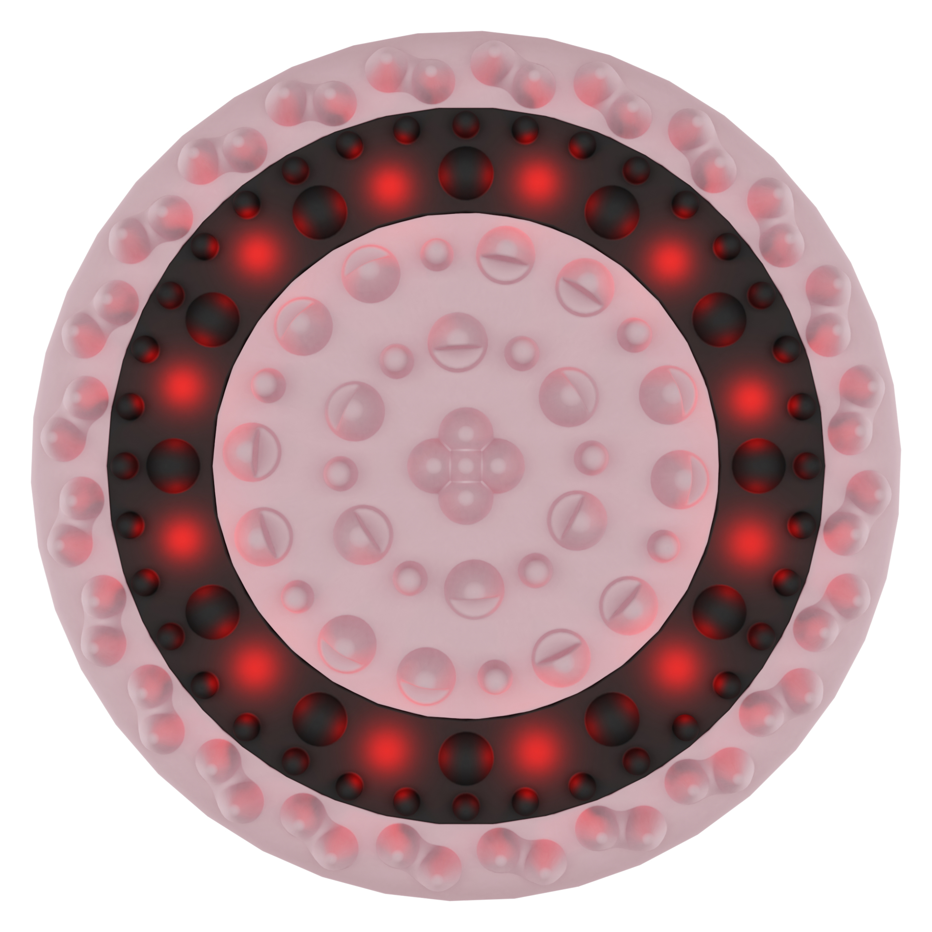 Dispositivo rosa rotondo con sfere nere e luci rosse disposte in anello sulla superficie.
