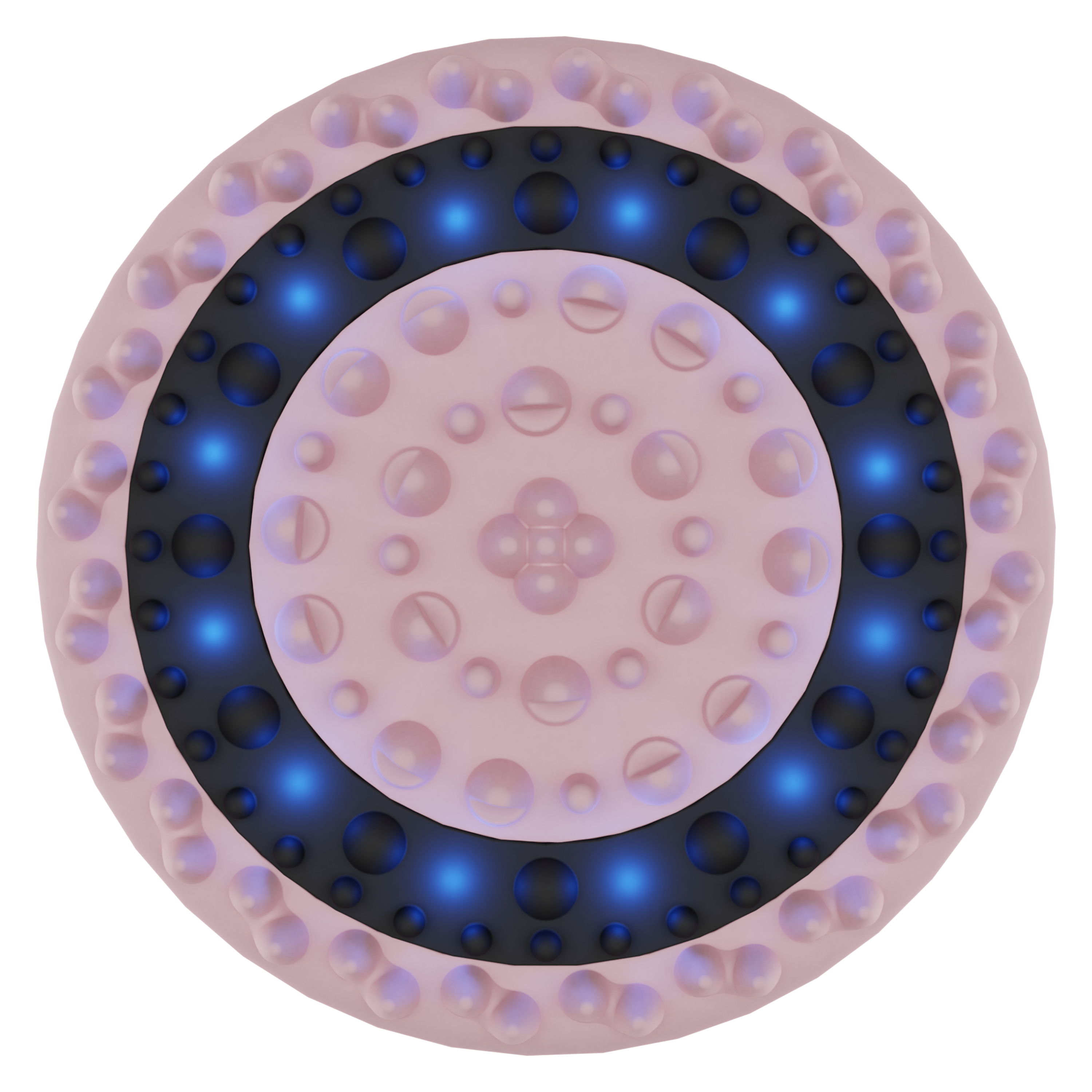 Una struttura rotonda rosa con protuberanze, un anello nero e elementi blu luminosi.