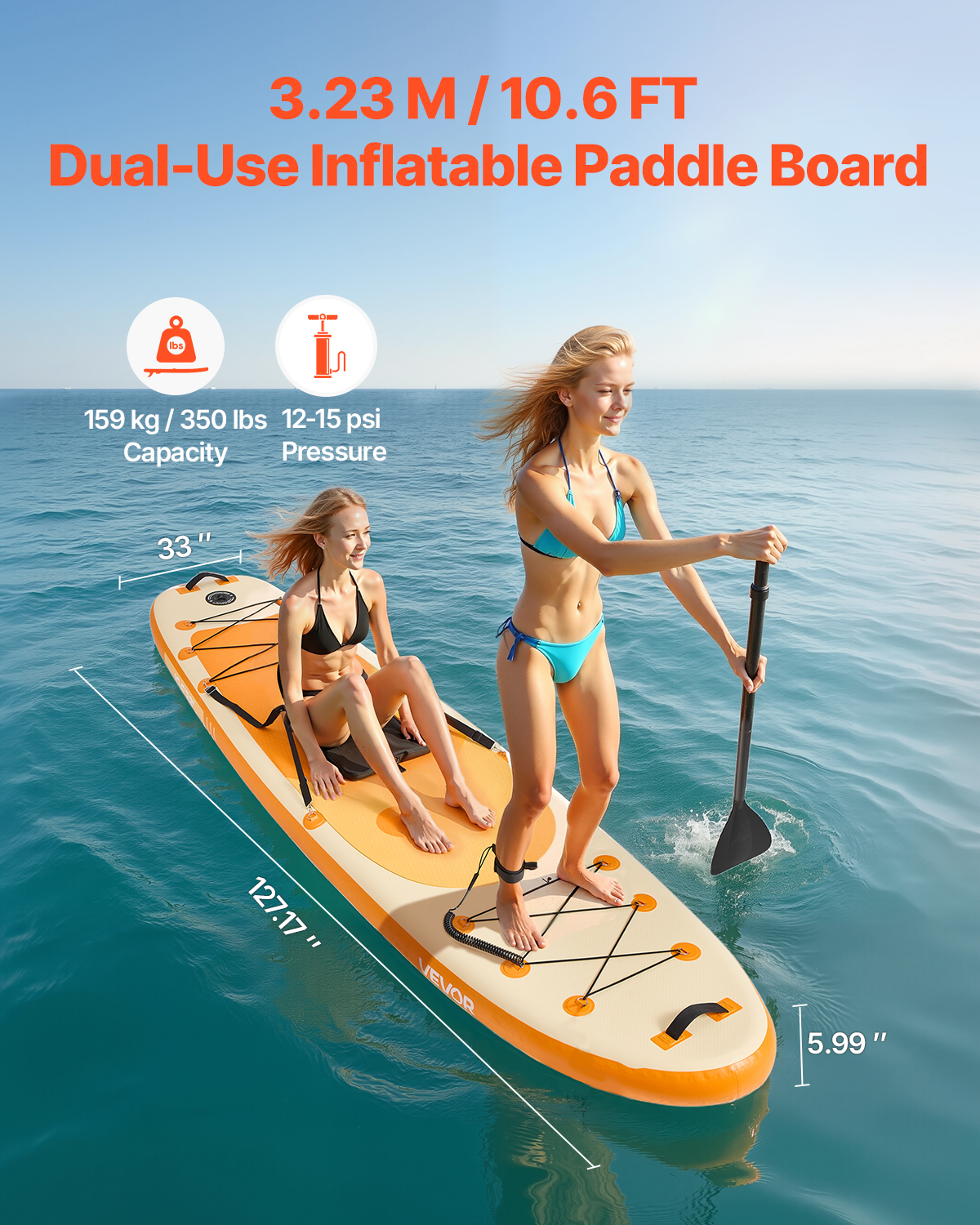 Dos mujeres en una tabla de SUP inflable en el mar, gráfico de texto con dimensiones.