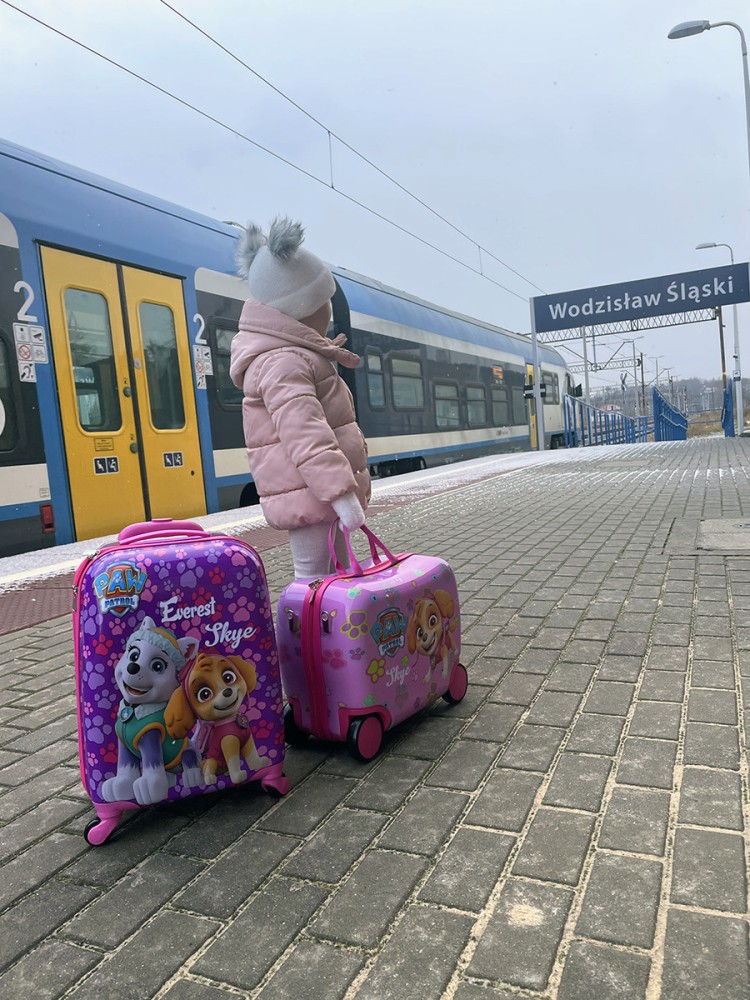 Dziecko w różowym płaszczu z walizkami z Psiego Patrolu stoi na peronie stacji Wodzisław Śląski obok pociągu.