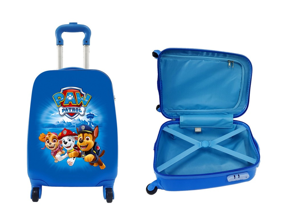 Niebieska walizka dziecięca Paw Patrol, pokazana zamknięta i otwarta z niebieskimi paskami.