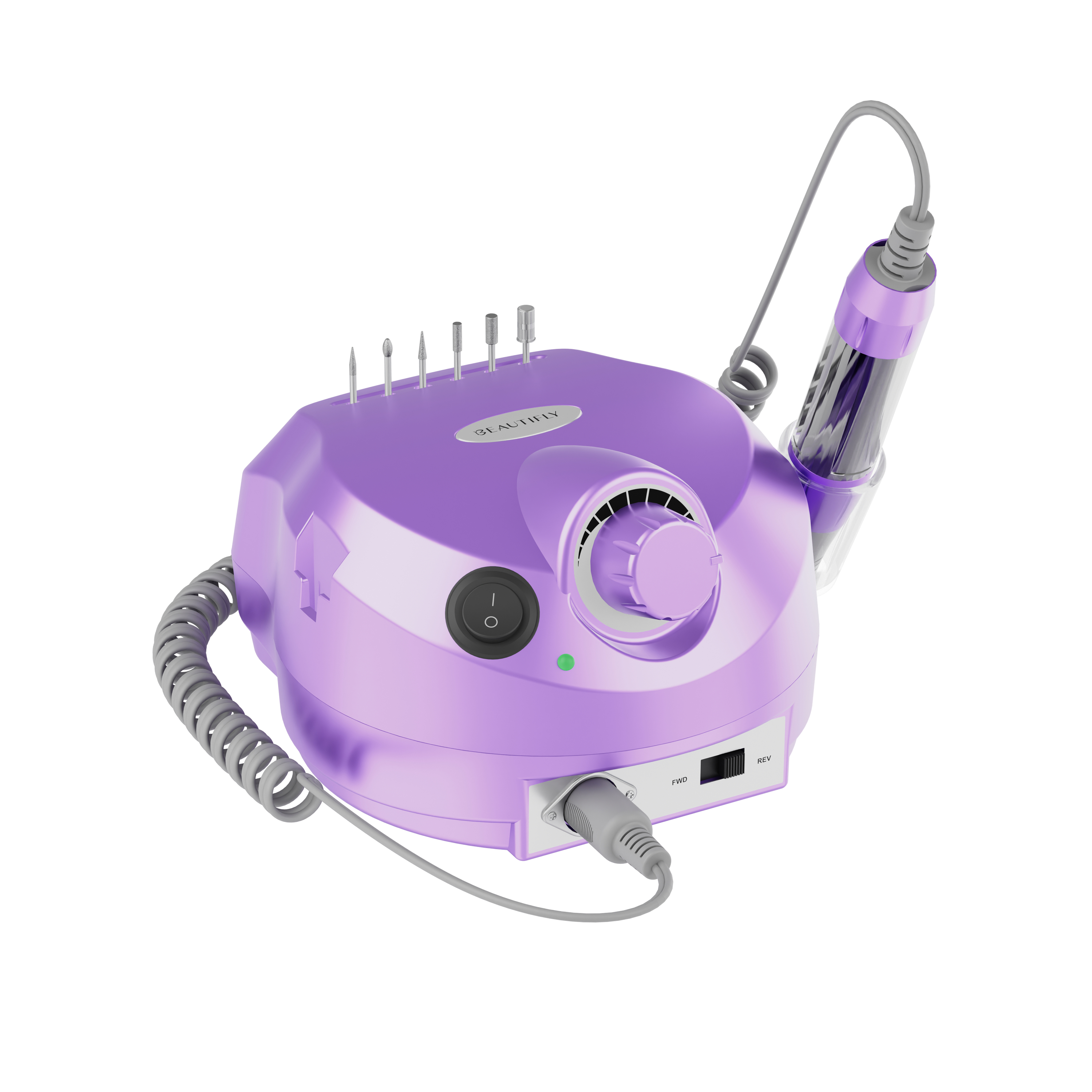 Una fresa per unghie elettrica viola e grigia con punte multiple e manipolo collegato.