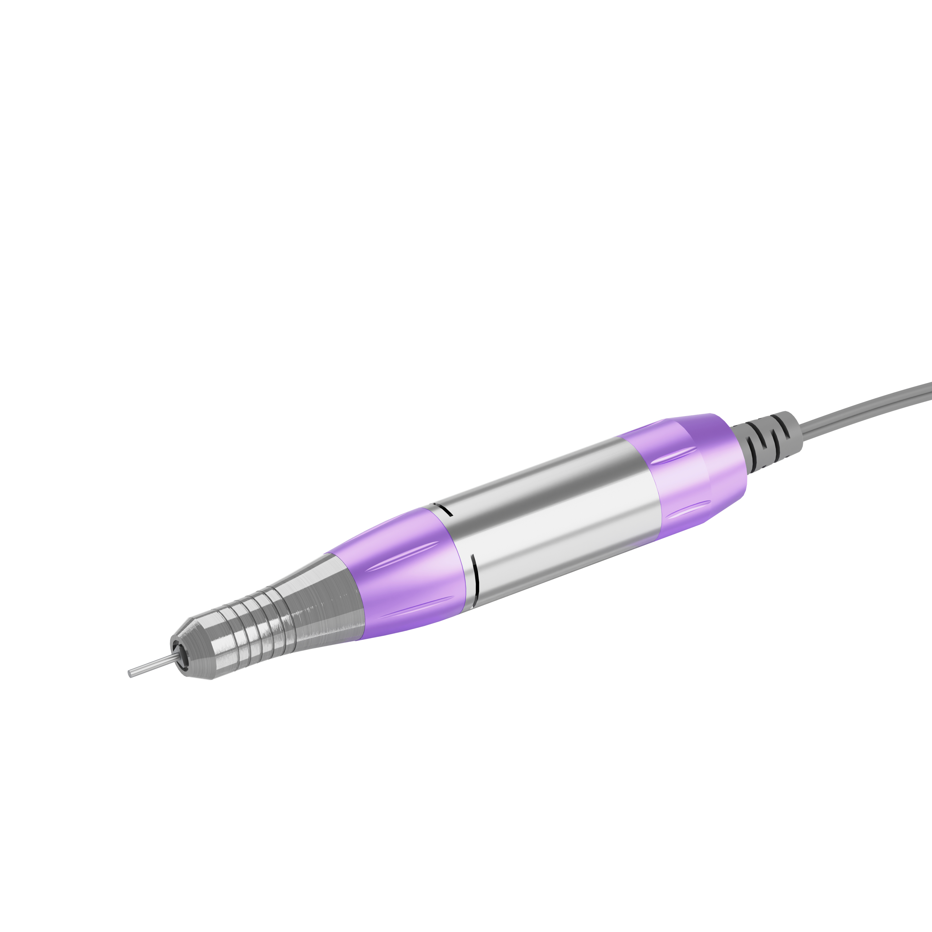 Un manipolo per fresa per unghie elettrico argento e viola con punta fine su sfondo bianco.