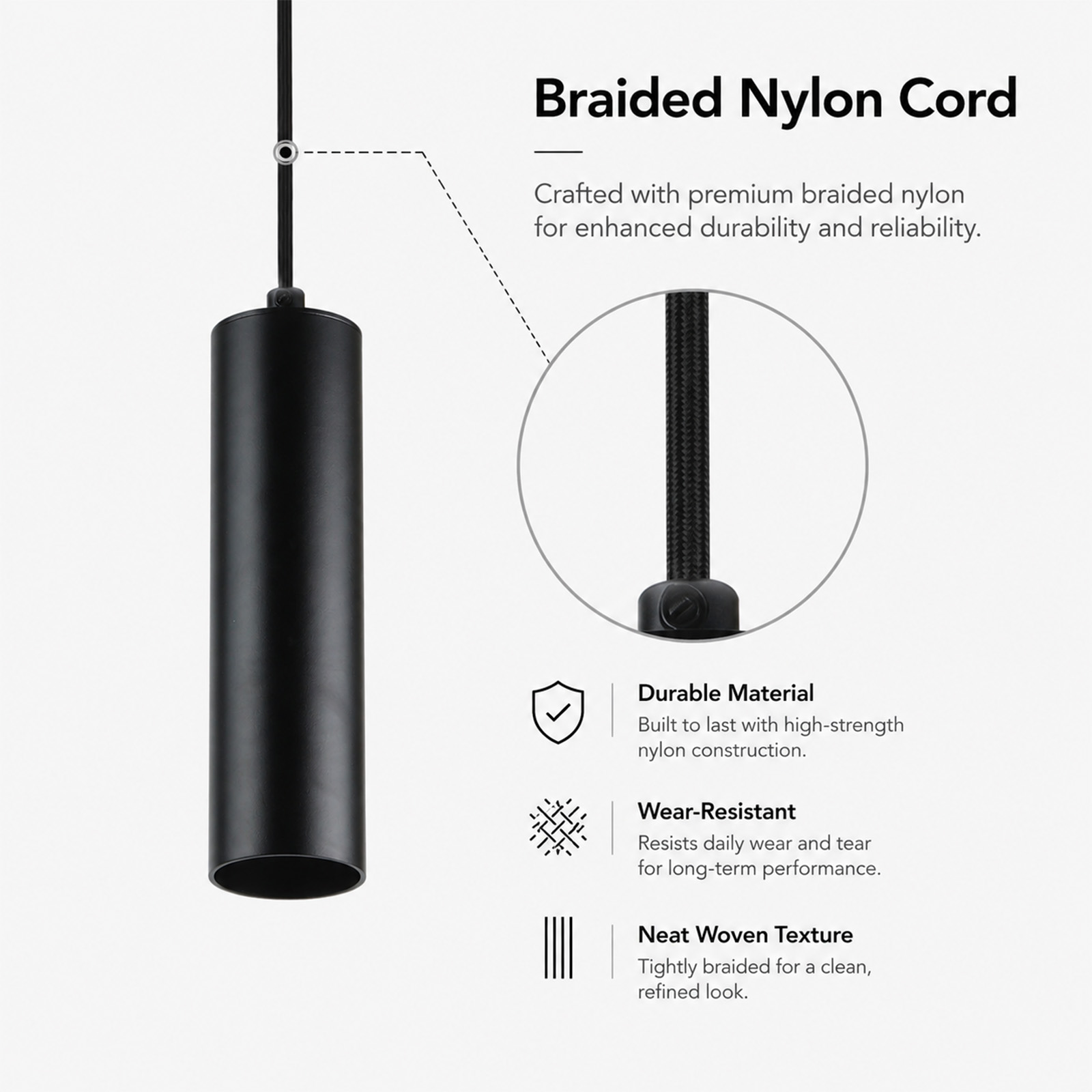Gráfico de producto que destaca el cable de nailon trenzado y duradero de una lámpara colgante cilíndrica negra.