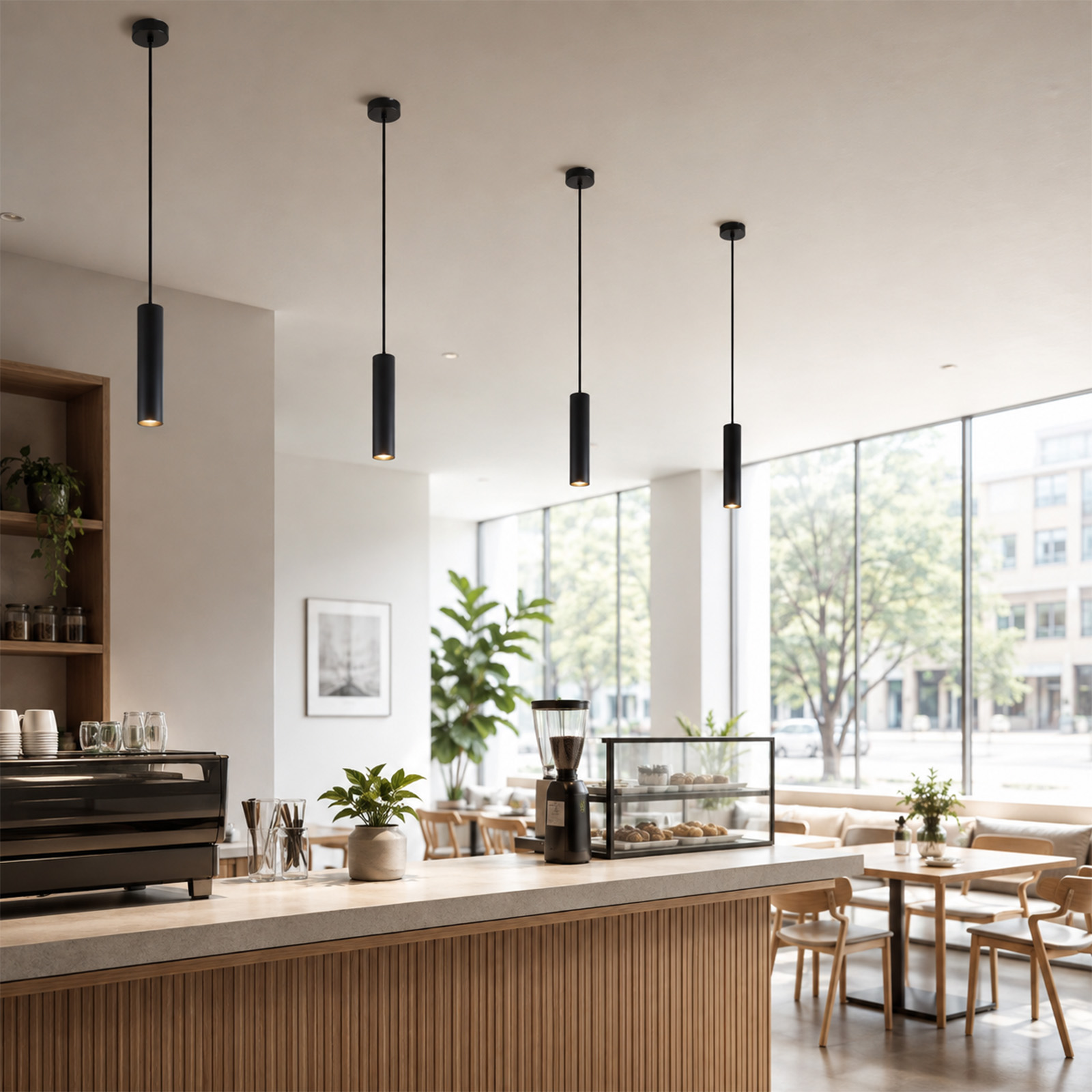 Interior de cafetería moderna con barra de madera, cuatro lámparas colgantes negras y grandes ventanas.