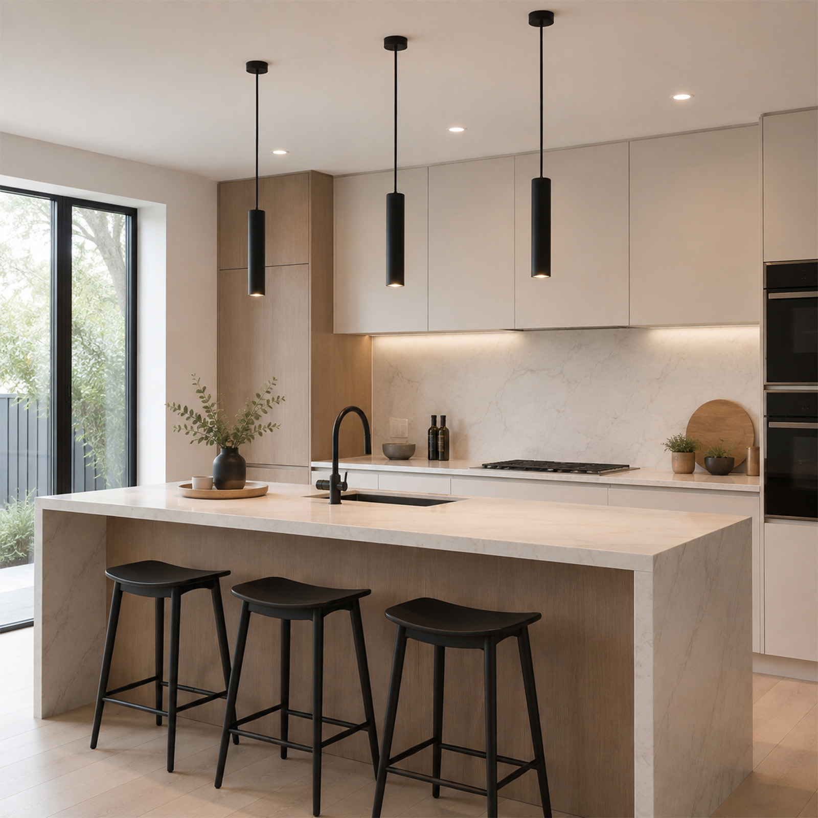 Cocina moderna con isla de mármol blanco, tres taburetes negros, lámparas colgantes cilíndricas y detalles de madera.