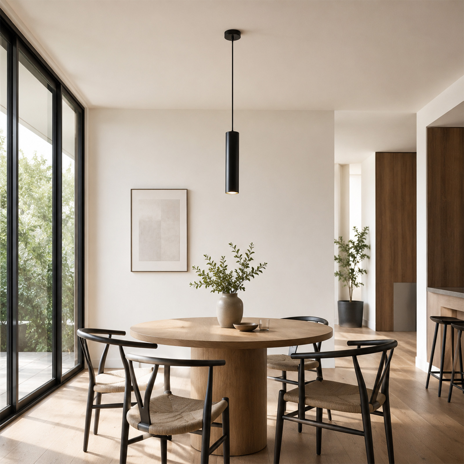 Comedor moderno con mesa de madera, sillas negras, lámpara colgante y grandes ventanas con vistas verdes.