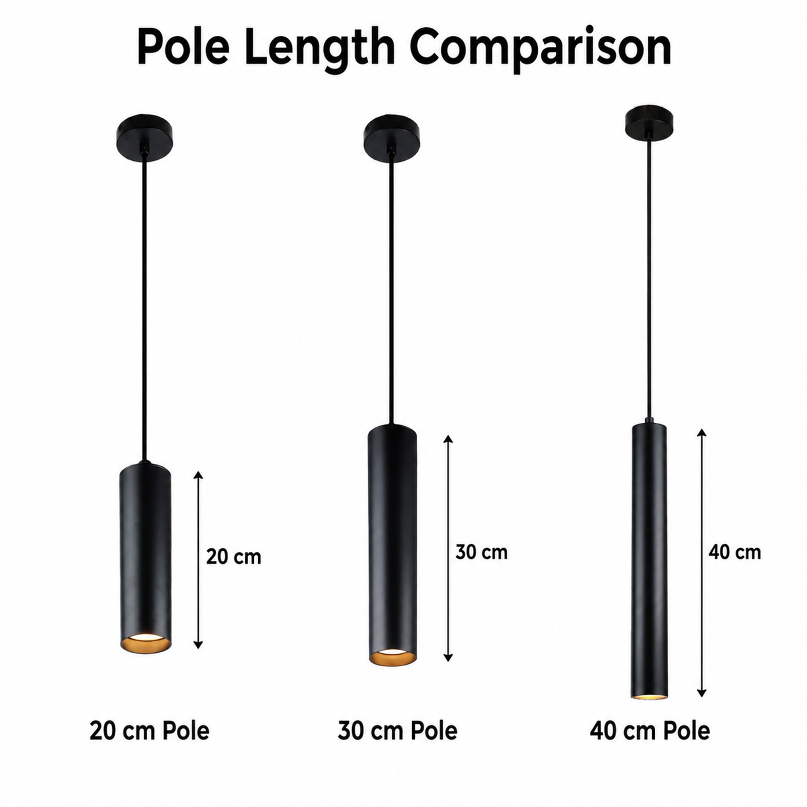 Comparación de tres lámparas colgantes negras con longitudes de poste de 20 cm, 30 cm y 40 cm sobre fondo blanco.