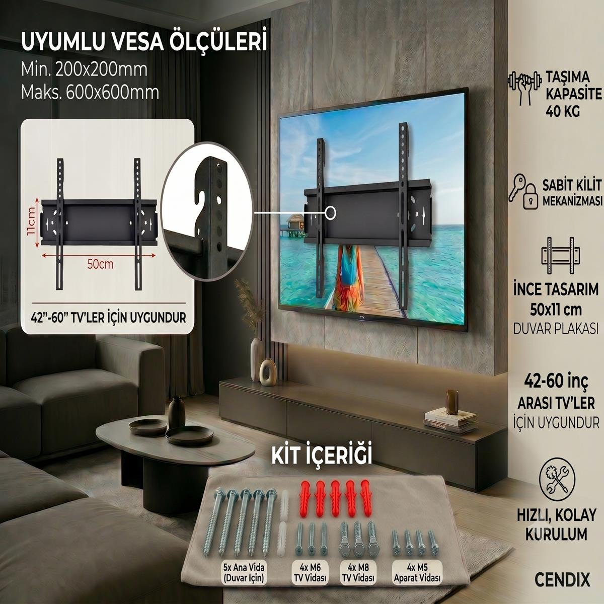 Modern oturma odası arkaplanında VESA ölçüleri, kit içeriği ve özellikleri gösterilen TV duvar askı aparatı.