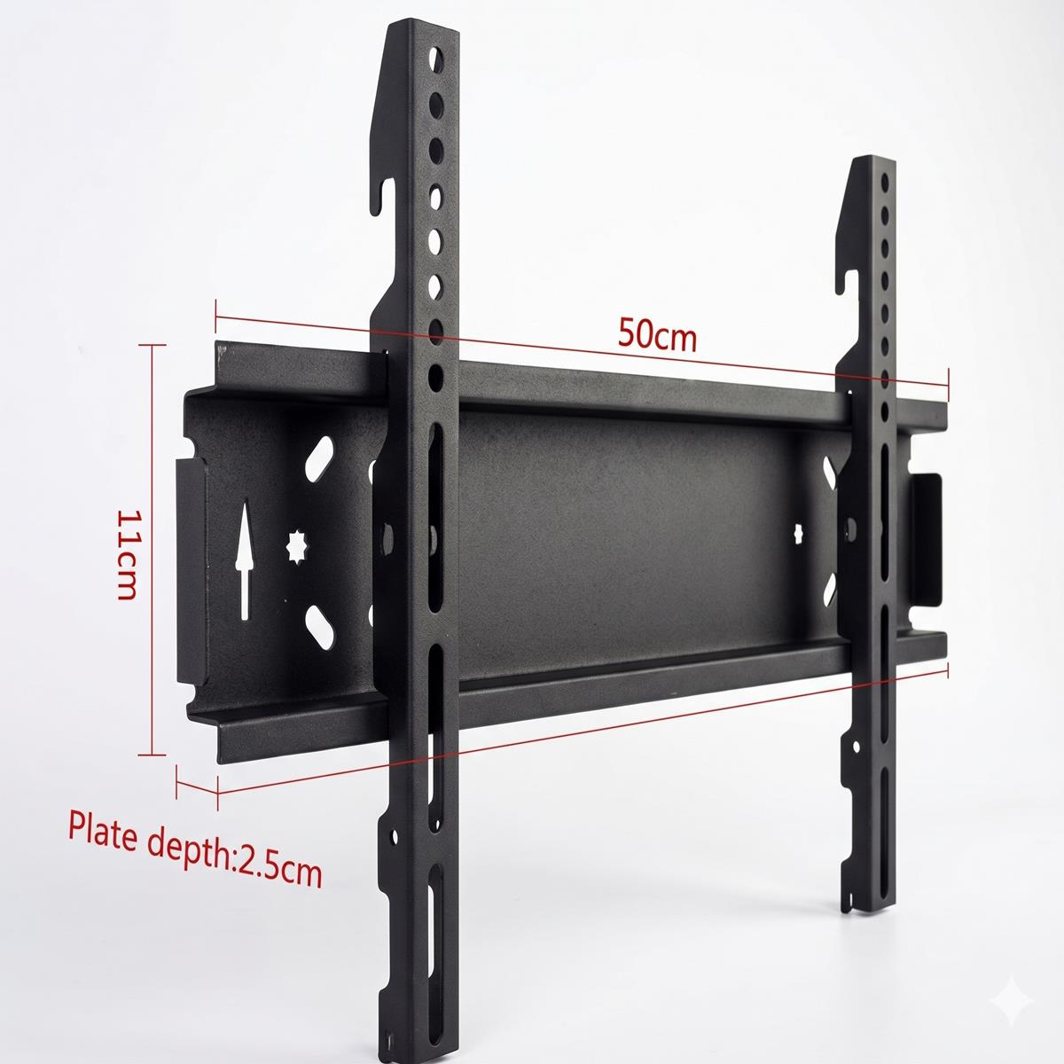 Boyutları 50 cm genişlik, 11 cm yükseklik ve 2.5 cm derinlik olan siyah TV duvar askısı.