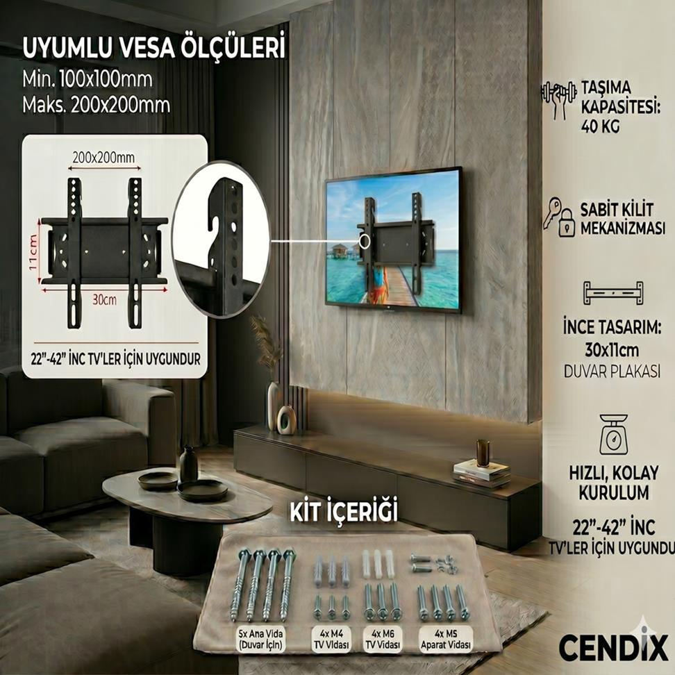Oturma odasında bir TV duvar askısının teknik detayları ve ölçüleri.
